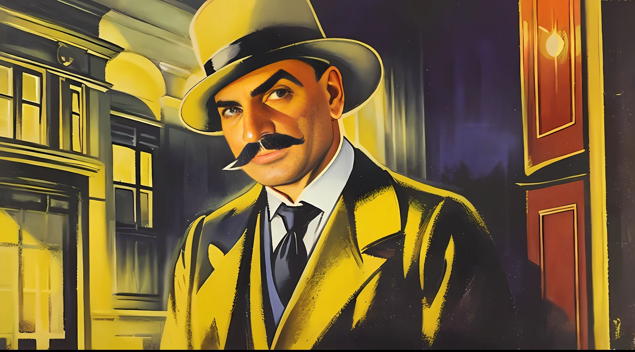 sd-pulp of hercule poirot, mid-20th century england, startling mystery, cover art, illustration