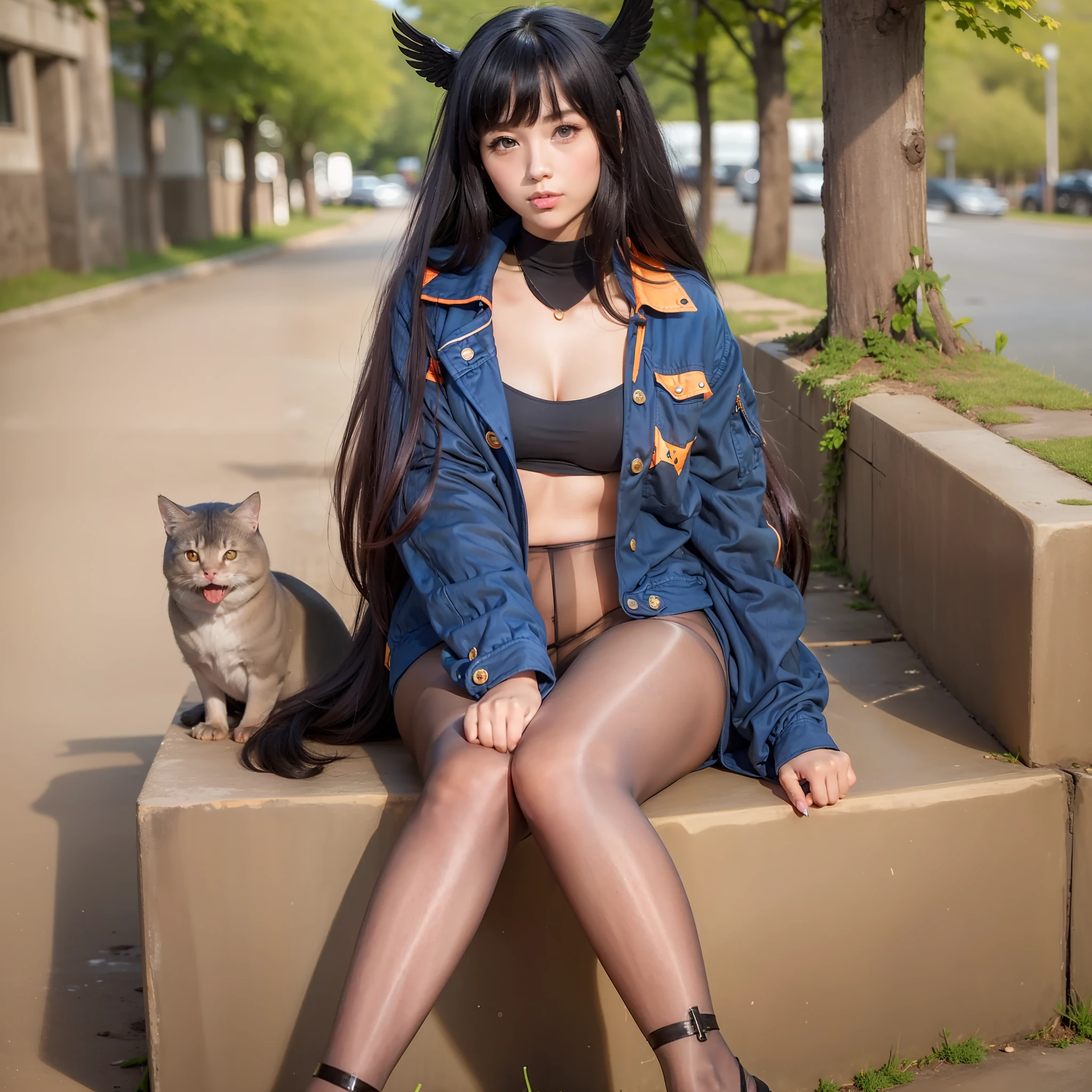 28-year-old girl, cute type, medium long hair, oblique bangs, beautiful black big eyes, high nose, thick nose wings, cherry cute small mouth, slightly chubby body, medium breasts, denim small jacket, black short skirt, black high heels, beautiful scenery