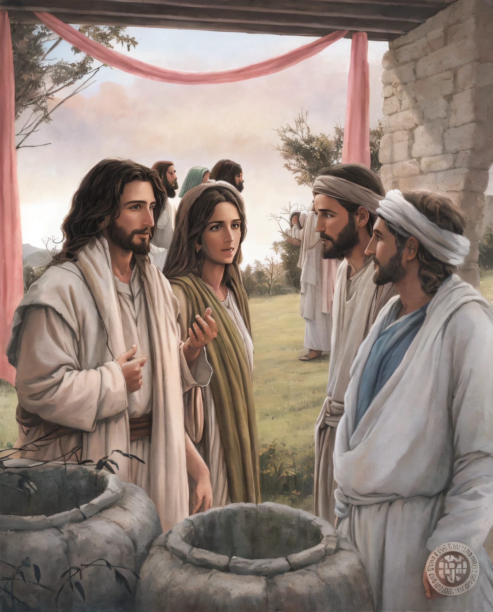 painting of Jesus talking to a group of people in a field, and Mary the Mother of Jesus next to Jesus