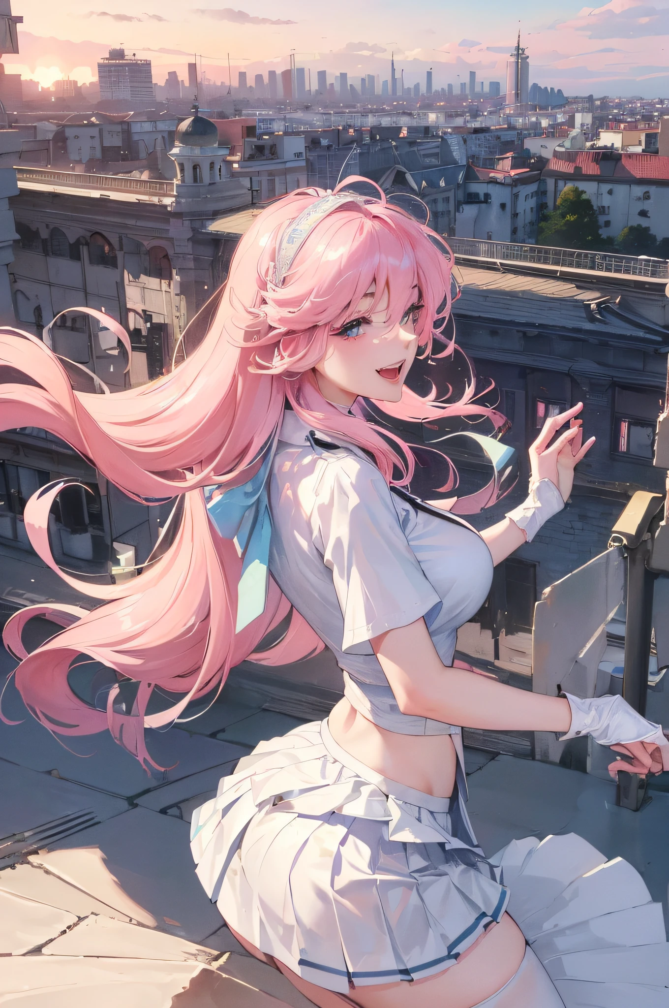 Official Art, Masterpiece, Sharp Focus, (Beautiful Gorgeous Cute Korean Woman: 1.3), (Beautiful Cute Korean: 1.3), Korean Beauty, Delicate Beautiful Hair and Eyes and Face, Realistic, Ultra Detailed, Beautiful Girl, Blue Sky, Glowing White Particles, (Sidelighting: 1.2), Sunlight, White Clouds, Delicate Clouds, Slender, Cute Big Breasts Big Buttocks, Toothy Laughing, ((Laughing with Eyes Open)), Landscape, Long Straight Hair, Sexy Facial Expressions, Architecture, ( Cityscape:1.7), Dynamic Hair, Long Straight Hair, Delicate Platinum-Pink Hair, Glowing Blue Eyes, (Pink Pleated Shirt + White Skirt), White Stockings, Pale Skin, Hair Accessories, Epic Landscape,