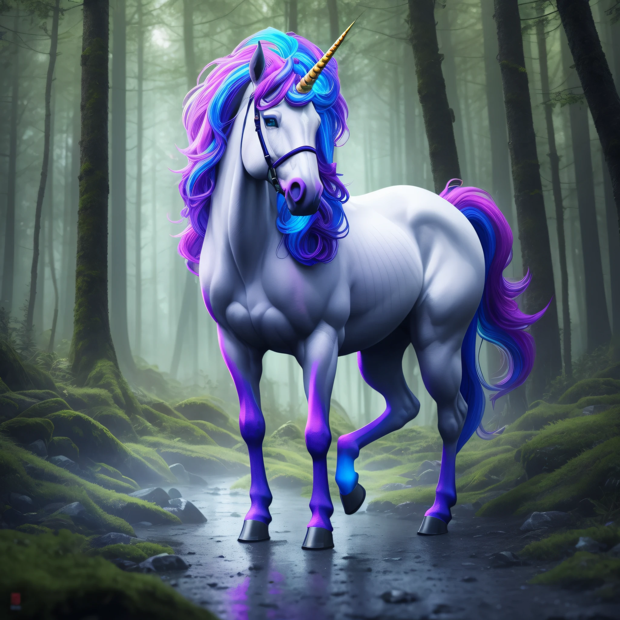 vibrant unicorn standing in a rainy forest, blue eyes, high contrast, very coherent, cinematic, hyper realism, high detail, octane render, unreal engine, 8k, vibrant colors, Smooth gradients, High contrast, depth of field, full body character drawing, clean ink detailed line work, intricate detail, extremely detailed --auto --s2