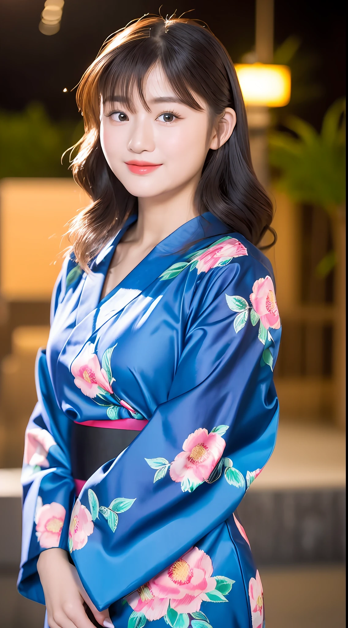 (yinchuan:1.5), close-up, masterpiece, best quality, raw photo, photorealistic, big breasts, beautiful and perfect face, soft smile, 20 year old girl, floral yukata, night, middle hair, depth of field, high resolution, ultra detail, fine detail, intricate details, beautiful eyes,