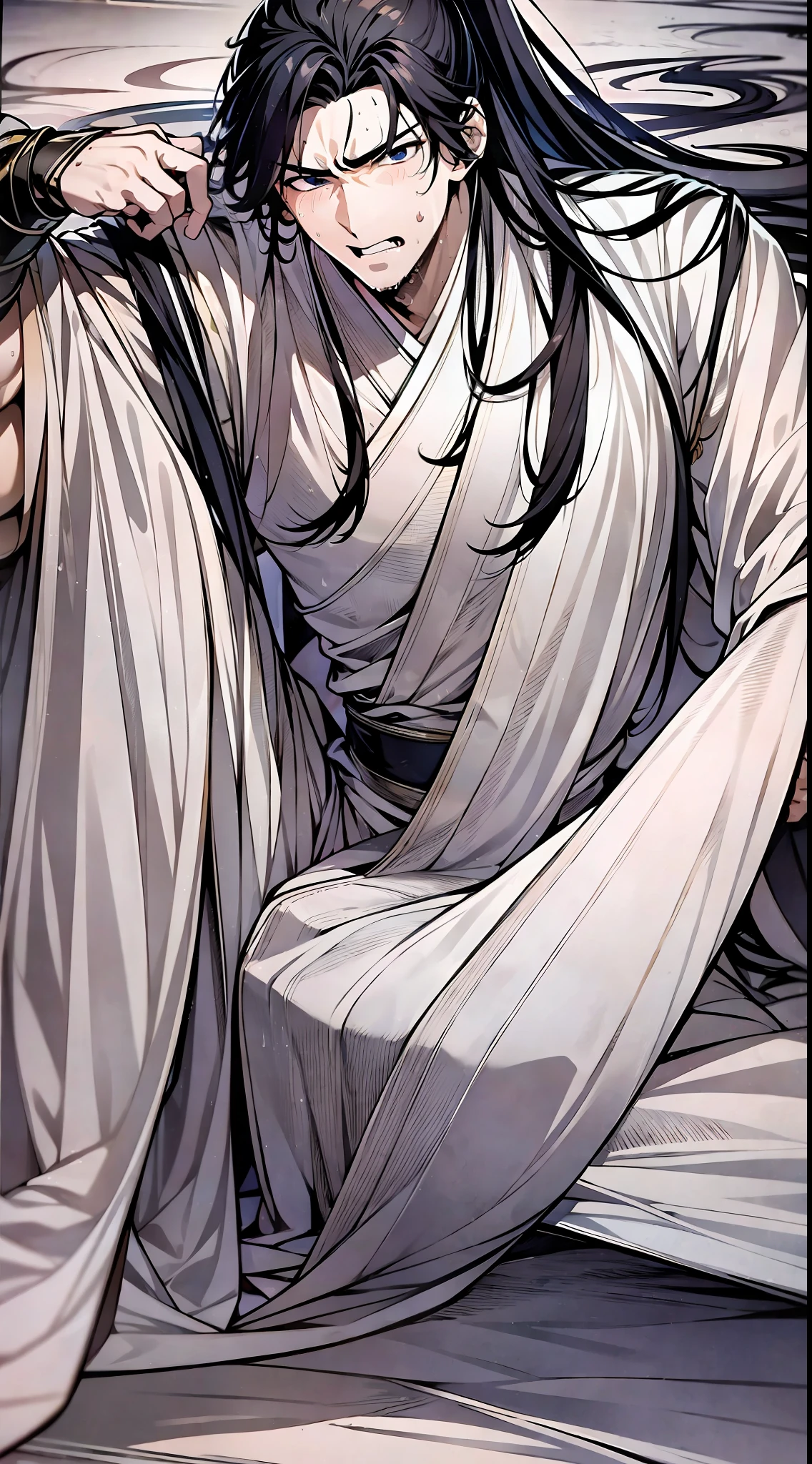 (8k), (highest quality), (masterpiece), two-dimensional, anime style, man (male warrior), squat, crotch sweat, crotch sweat, muscle, correct proportions, face details, martial arts, high ponytail hairstyle, sweating, pectoralis sweating, abdominal sweating, face sweating, drooling, neck details, with Adam's apple, wet, wet, Hanfu costume, long robe, embroidered robe, dragon robe, clothes details, collar, long sleeves, game quality, swordsman demeanor, light and shadow tracing, ray tracing, detail glowing, CG rendering, hair details, Long black hair, golden eyes, sweaty face, handsome, handsome, sweat beads slipping down the neck, (juvenile feeling), complex clothing, wet, wet, perfect composition, refinement, high quality, more details, lots of details, complex background, sense of atmosphere,