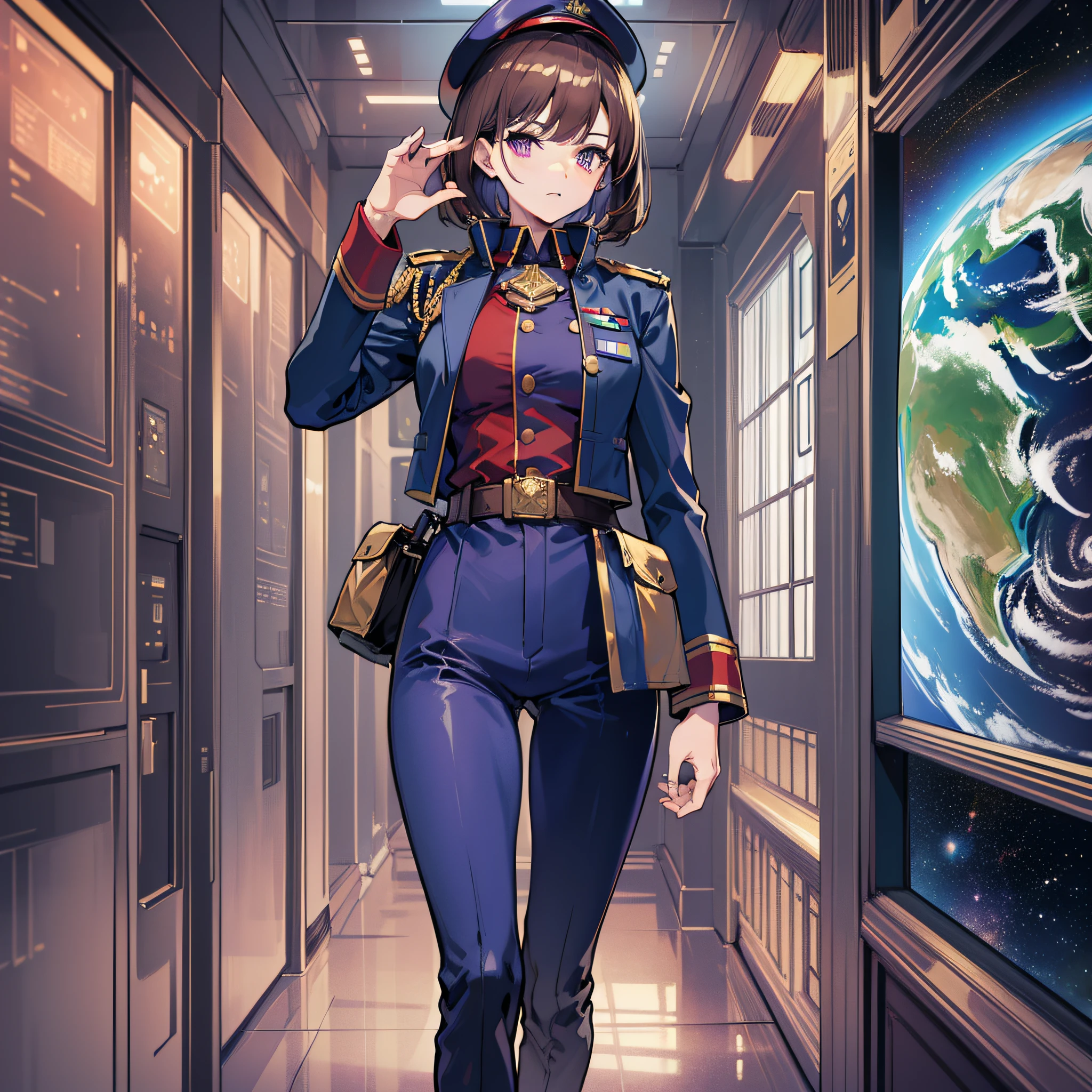((Masterpiece)), ((highest image quality)), ((highest image quality)), (illustration of one girl), full body, 25 years old, neutral, elite, brown-haired very short hair, purple eyes, ((tall)), ((muscular strong body)), (military uniform)), ((military hat)), ((military coat)), (dark blue clothes), (dark blue pants), ((red hat)), trench coat, (((in spaceship)), ( Outside the window, space, Earth seen from space, spaceport)