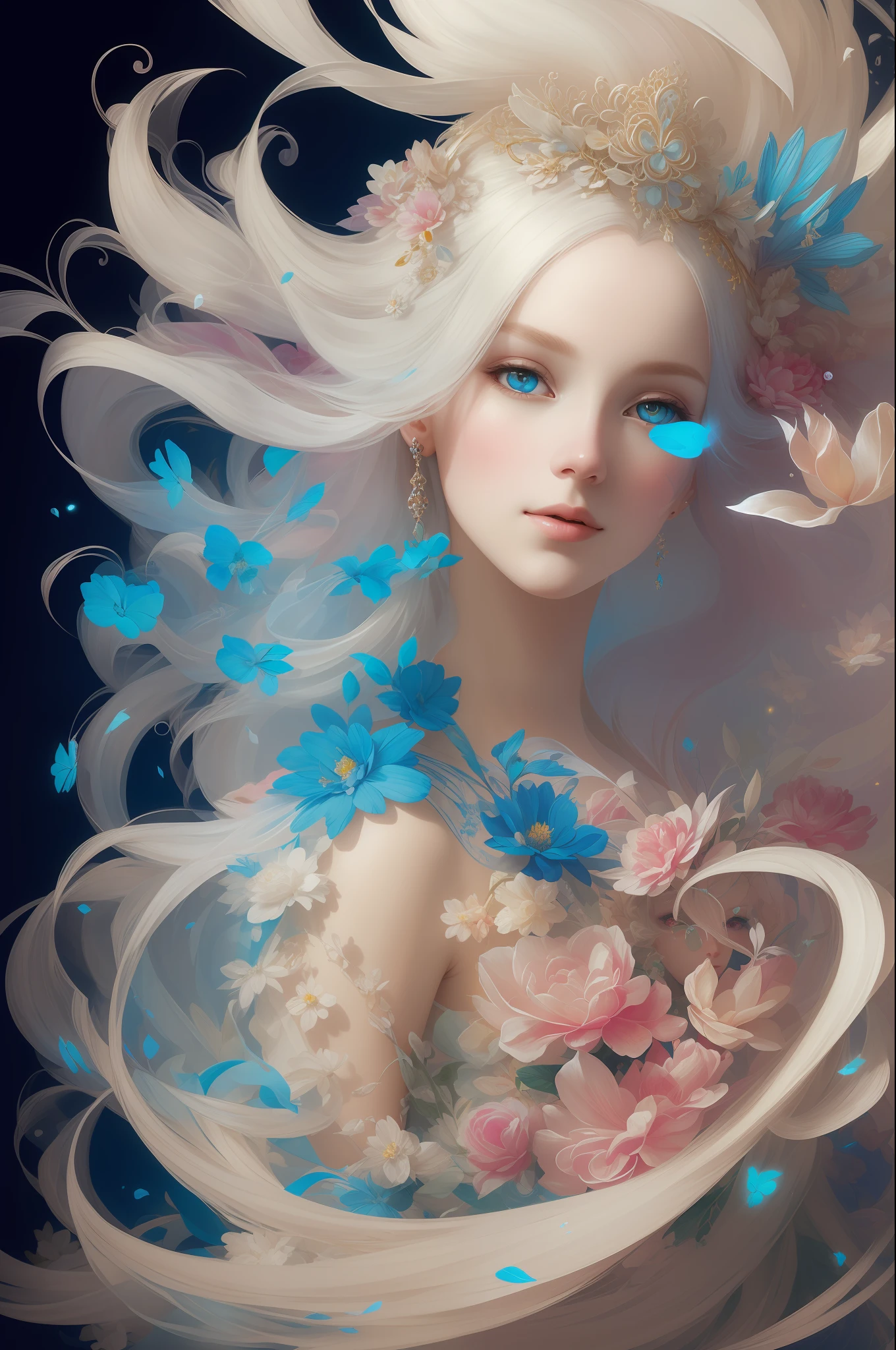 ((beautiful princess)), one person, long flowing white hair, (bright and beautiful eyes), trend in Art Station, Flower of Hope by Jean-Honor Fragonard, Peter mohrbacher, super detailed, crazy details, Impressive, intricate, elite, art nouveau, ornate, liquid wax, elegant, luxurious, Greg Rutkowski, paint style, sticker, vector art beautiful character design, double exposure shot, luminous design, winning entry, masterpiece, amoled black background,