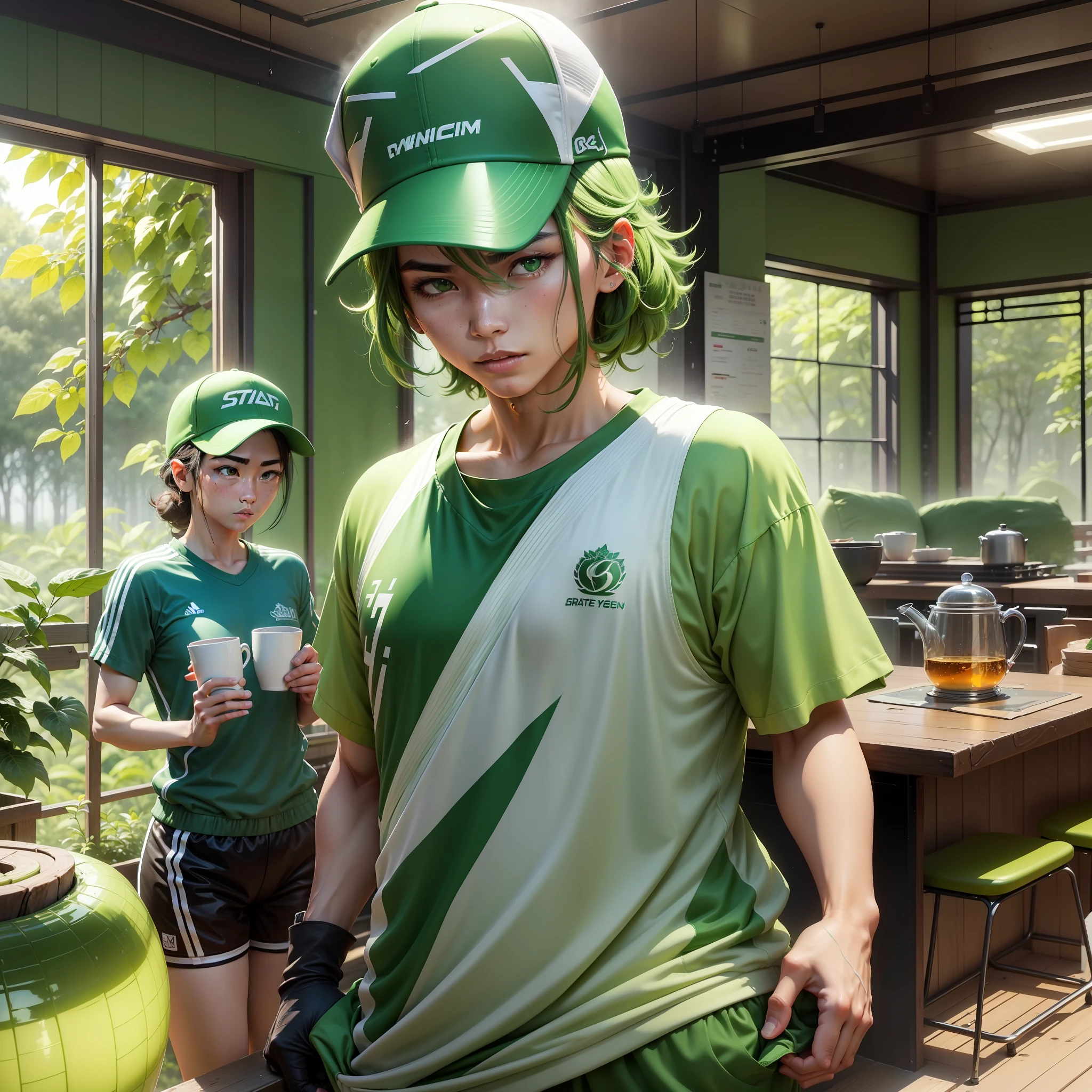 A dynamic character. You can choose fresh green as the main color and bright yellow or light blue as the secondary color. Characters can wear light sportswear with a sports cap with a tea motif. The background can be a green tea grove or an emerald green tea plantation. --auto --s2
