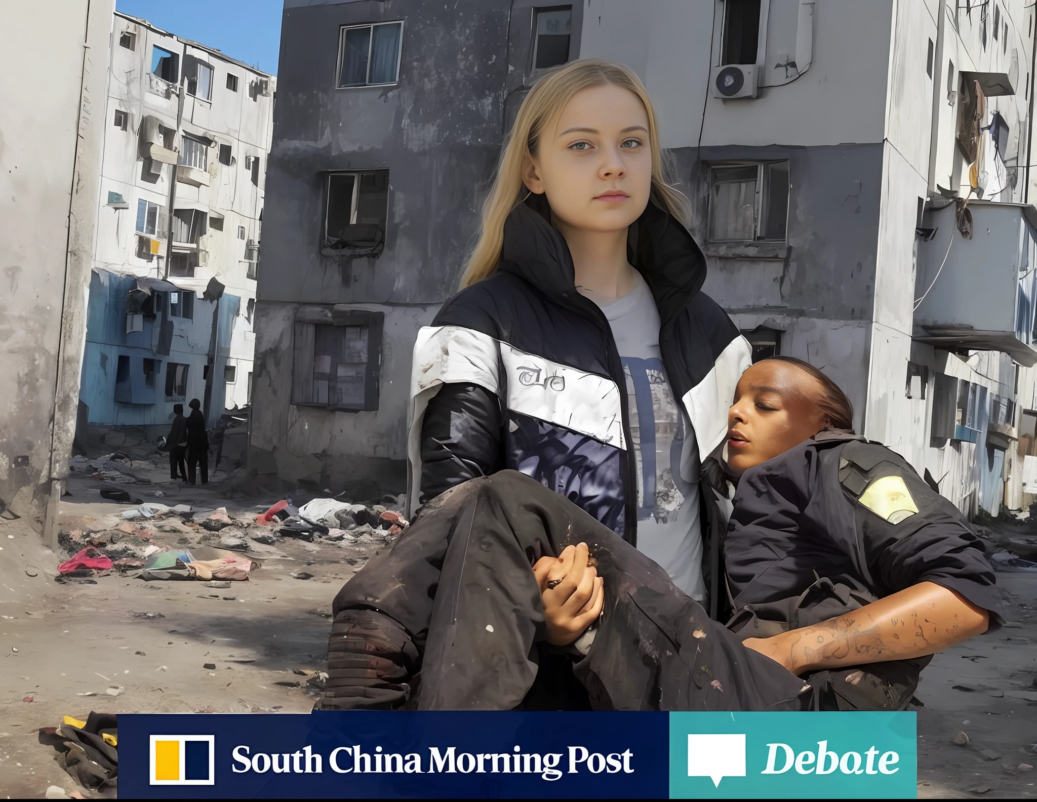 arafed woman holding a wounded man in a dirty street with buildings in the background, greta thunberg as gollum, editorial photo, editorial image, photobashing, very coherent image, award winning press photo, ap, ap art, 💣 💥, abcdefghijklmnopqrstuvwxyz, in postapocalypse city --auto --s2