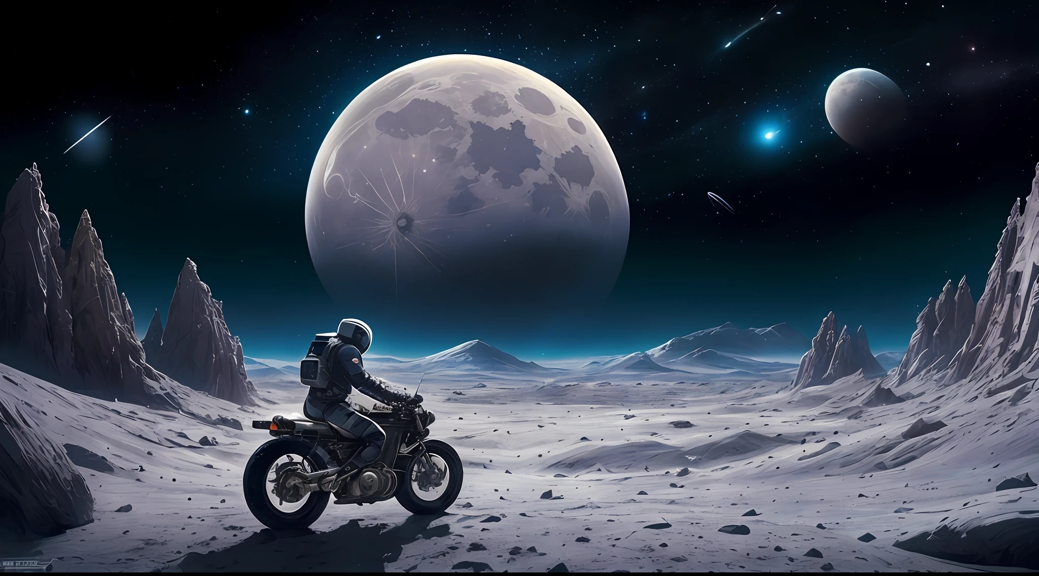 there is a man riding a motorcycle on a snowy surface, riding a horse on the moon, epic road - trip in outer space, inspired by Scott Listfield, lonely rider, drifting in space, on the moon, riding a futuristic motorcycle, sci - fi illustrations, sci-fi illustrations, motorcycle concept art, inspired by Chris Moore, sitting on a moon