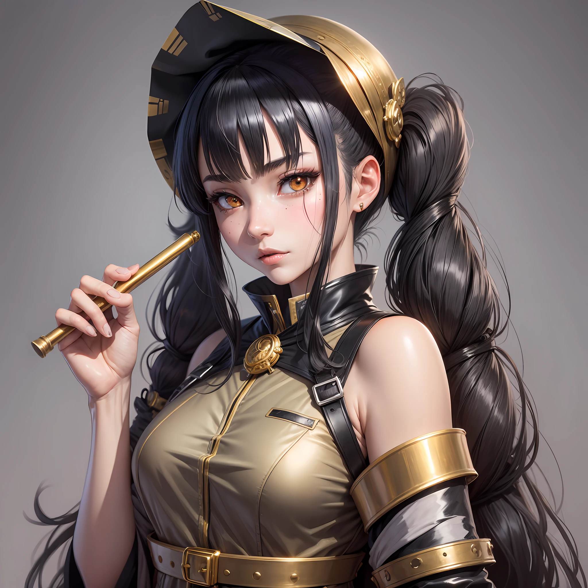 A female detective, pipe, Gold ingot, bonnet, twintails, black hair, streaked hair, mole under eye, slit pupils, doyagao, anime style, first-person view, high quality, high details, 4K