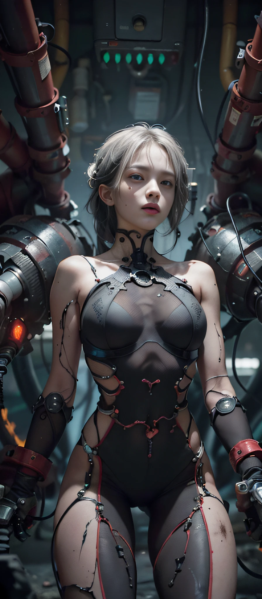 SFW, Darkness, horror, experiments, factories, sparks, (anatomy: 1.3) (damage: 1.2) (machine: 1.1) (woman with perfect body, full chest) has gray hair and beautiful, detailed red eyes. He has one (machine (heart: 1.1) and one (dirty face: 1.2), exposed wires and pipes, internal mechanical parts damaged and short circuited, severe damage, removal, natural light, light tracking, complex circuitry, illustrations, 8 wallpapers, ultra-detailed, full-body portraits, the best picture, wrong images, the wrong way, intricate details of the highest quality, ridiculous