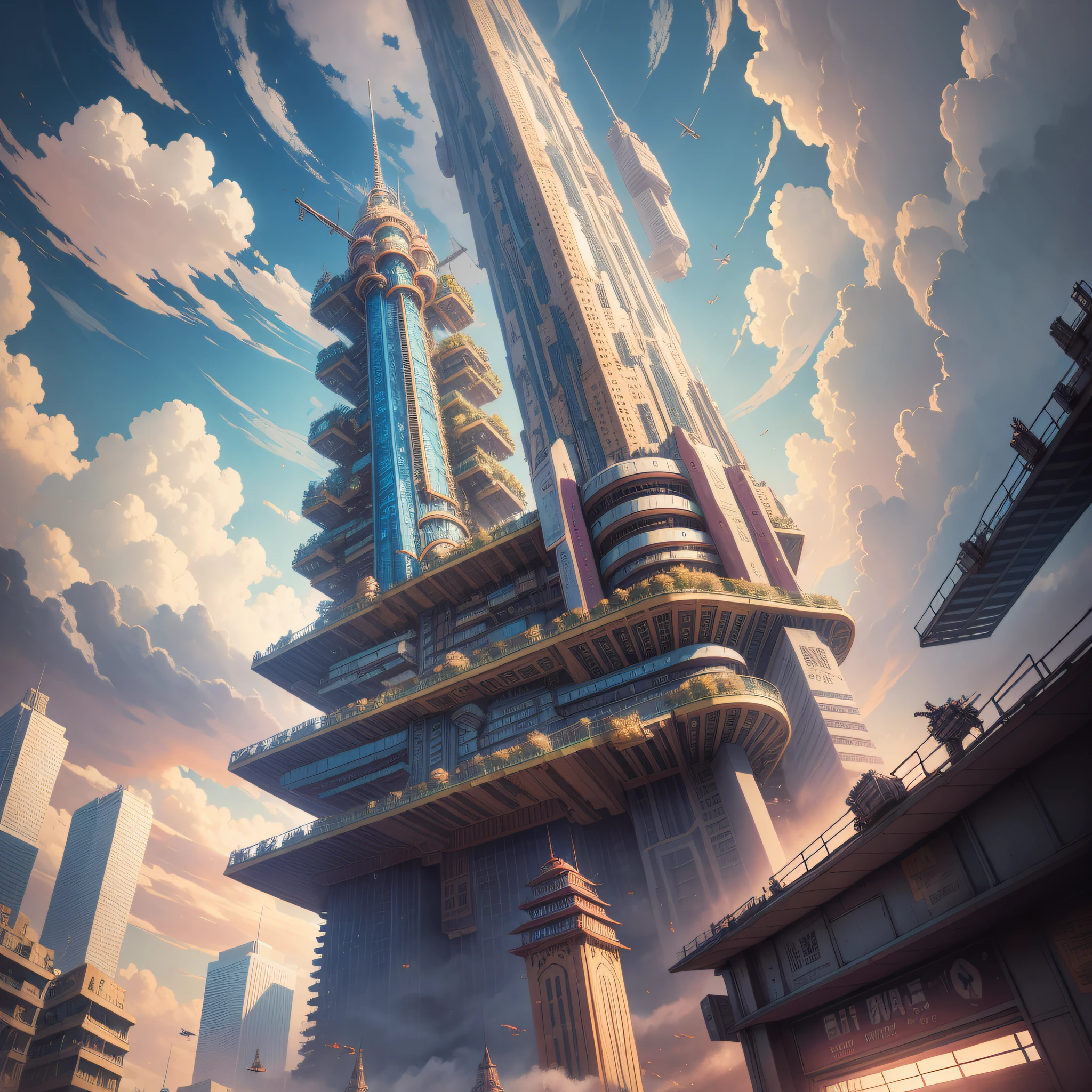 manga,comic,colorful,elaborate,hyper quality,sci-fi,highly detailed,city cloud war highbuildings tower,beautifulanimegirl gun street