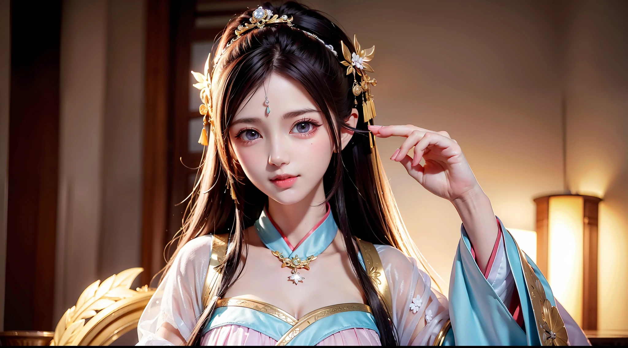 best quality, masterpiece, high resolution, 1girl,blush,(seductive smile: 0.8),star-shaped pupils,china hanfu,hair ornament,necklace,jewelry,beautiful face,upon_body, tyndall effect,photorealistic, dark studio, rim lighting, two tone lighting, (highly detailed skin: 1.2), 8k uhd, dslr, soft lighting, high quality, volumetric lighting, sincere, Photography, high resolution, 4k, 8k, Bok