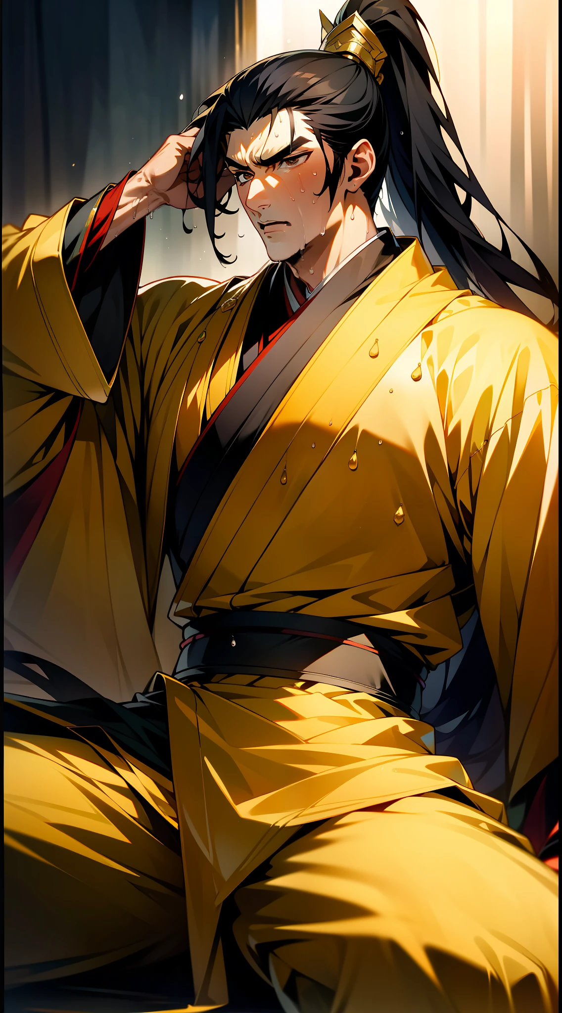 (8k), (highest quality), (masterpiece), two-dimensional, anime style, man (male warrior), squat, crotch sweat, crotch sweat, muscle, correct proportions, face details, martial arts, high ponytail hairstyle, sweating, pectoralis sweating, abdominal sweating, face sweating, drooling, neck details, with Adam's apple, wet, wet, Hanfu costume, long robe, embroidered robe, dragon robe, clothes details, collar, long sleeves, game quality, swordsman demeanor, light and shadow tracing, ray tracing, detail glowing, CG rendering, hair details, Long black hair, golden eyes, sweaty face, handsome, handsome, sweat beads slipping down the neck, (juvenile feeling), complex clothing, wet, wet, perfect composition, refinement, high quality, more details, lots of details, complex background, sense of atmosphere,
