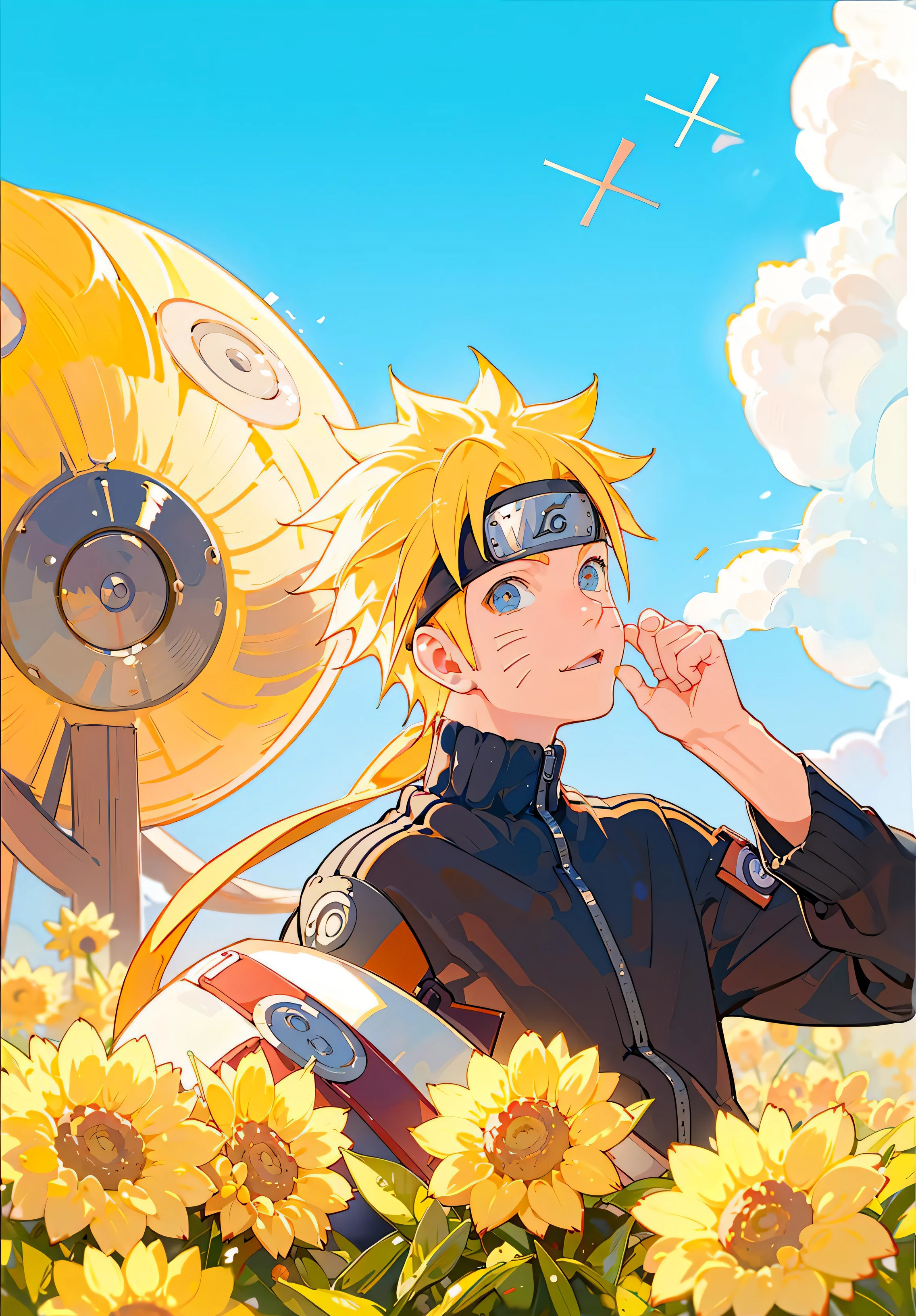 uzumaki naruto, 1boy,  masterpiece, best quality,upper body,portrait, looking at viewer,close up,  white shirt, sunshine, novel illustration,blurry foreground,
