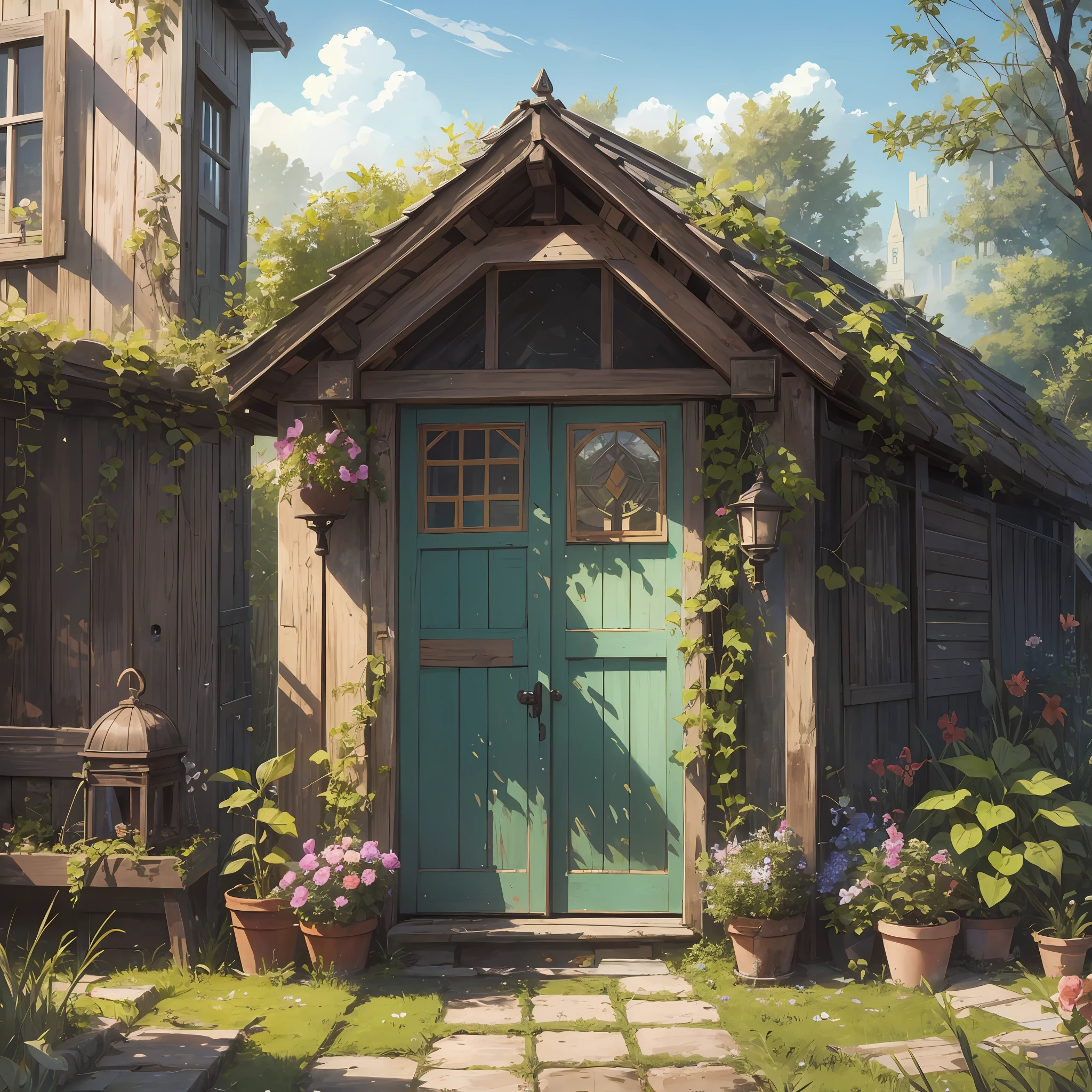 There is a picture of a turtle, a garden in the background, and I found a door at the back of the garden. The door was made of old wood and had a strangely large lock.