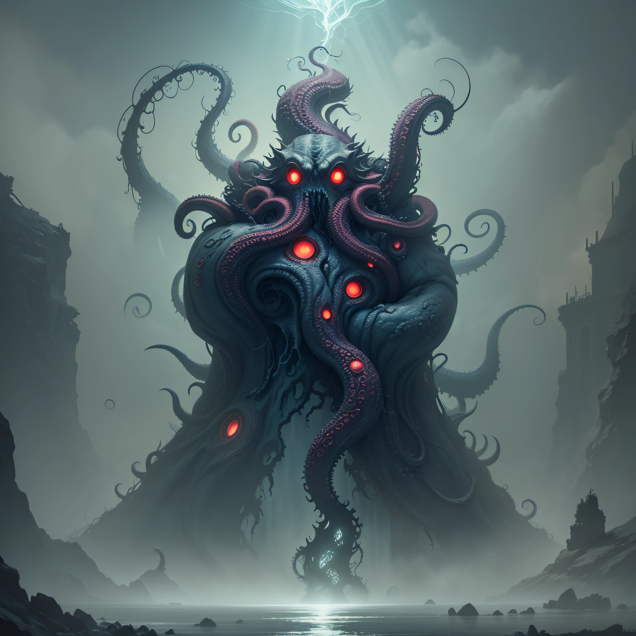 Monsters, Cthulhu, giants, tentacles, scenes with eerie atmosphere, interdimensional world backgrounds, mysterious installations and symbols, dim background light, dark red or dark blue tones, mysterious smoke and light, outstretched tentacles and cracked mouthparts, blurred and distorted images, creepy.