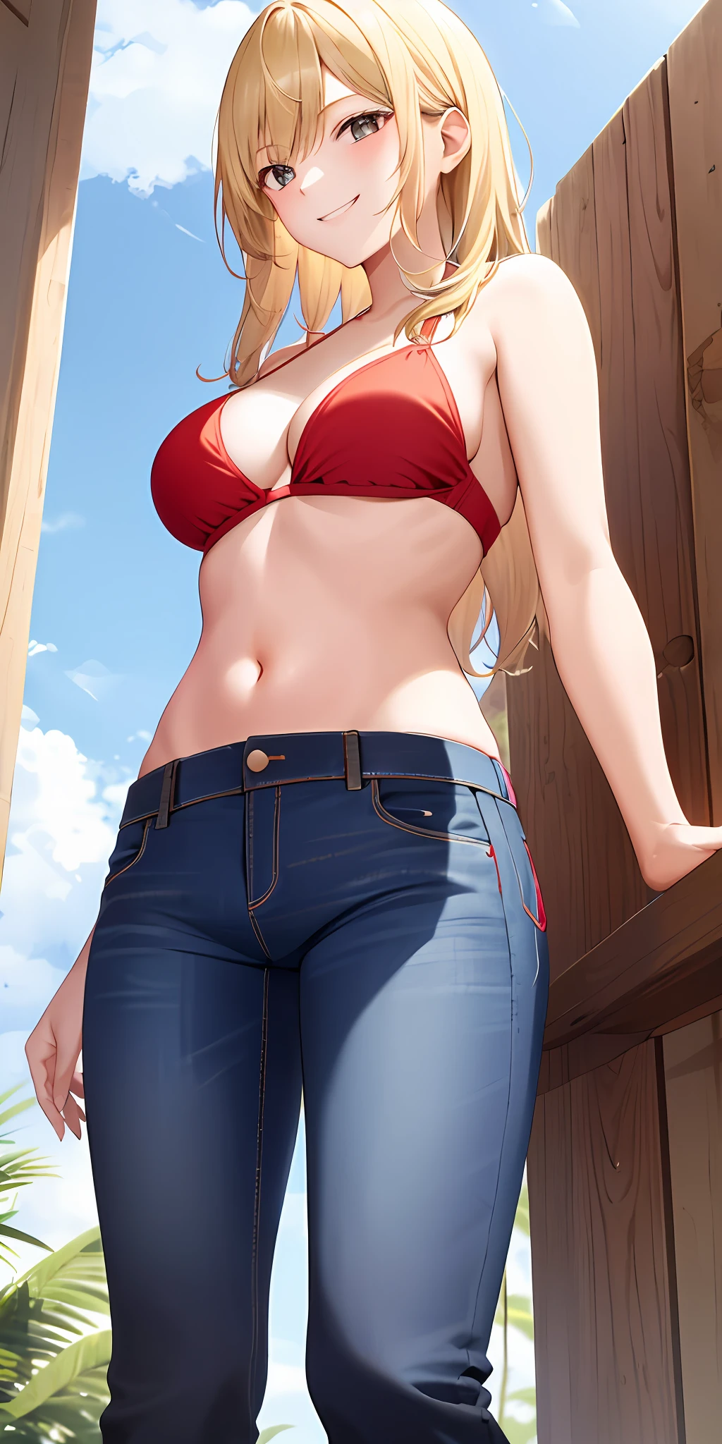 1girl, solo, blonde medium straight hair, red bikini, jeans, busty, smiling, (from below view)