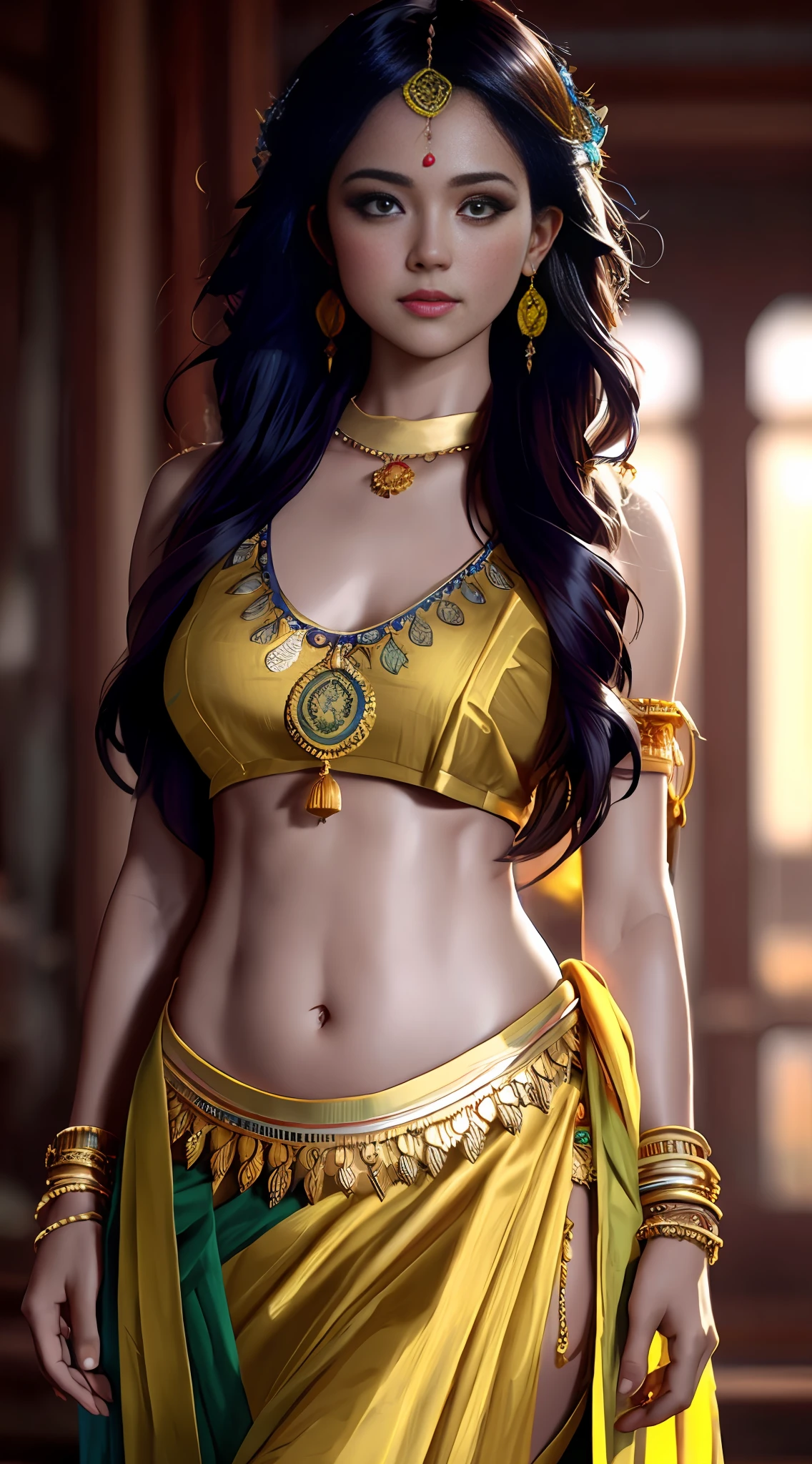 modelshoot style, (extremely detailed CG unity 8k wallpaper), full shot body photo of the most beautiful artwork in the world, stunningly beautiful photo realistic cute women in saree (navel:1.5), professional majestic oil painting by Ed Blinkey, Atey Ghailan, Studio Ghibli, by Jeremy Mann, Greg Manchess, Antonio Moro, trending on ArtStation, trending on CGSociety, Intricate, High Detail, Sharp focus, dramatic, photorealistic painting art by midjourney and greg rutkowski