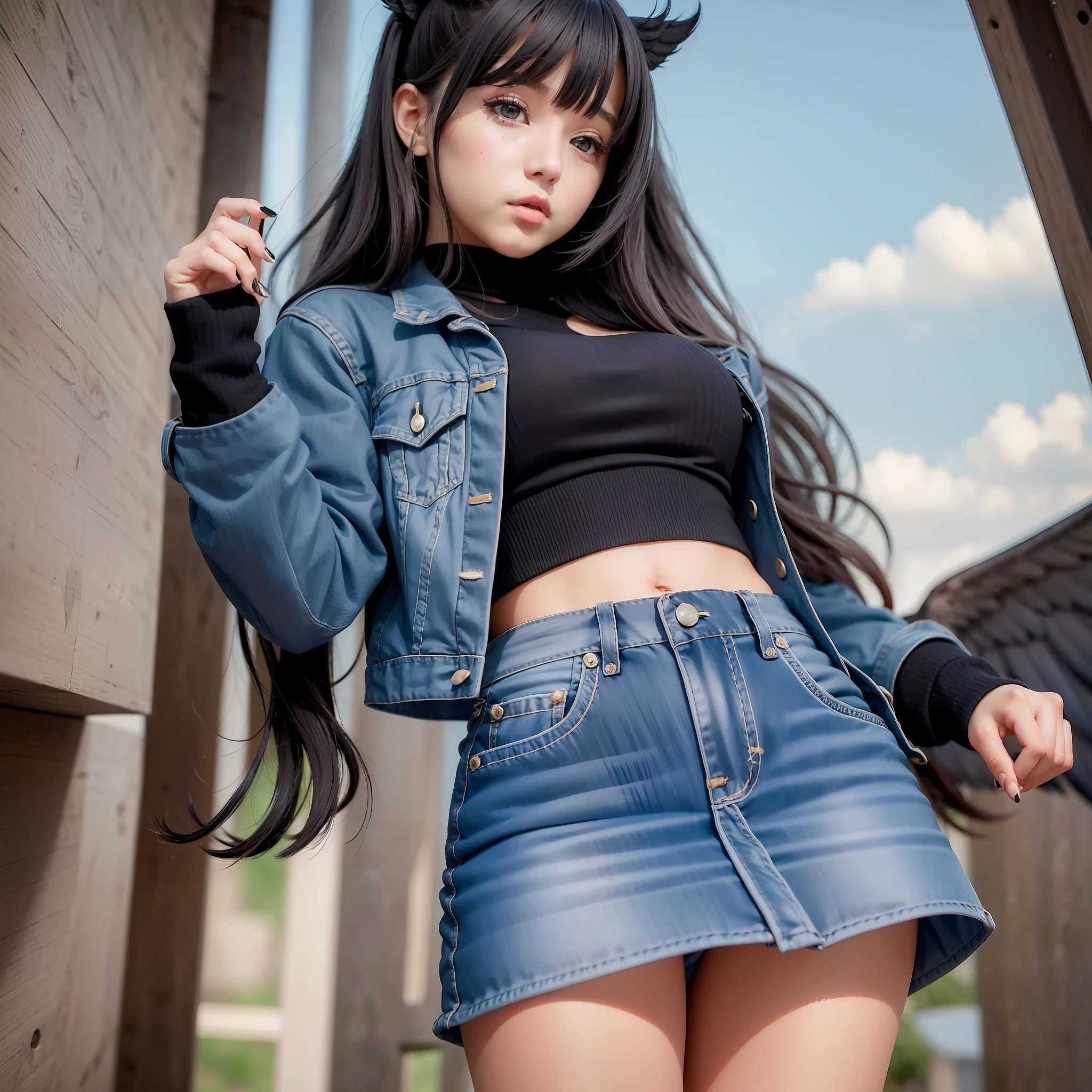 28-year-old girl, cute type, medium long hair, oblique bangs, beautiful black big eyes, high nose, thick nose wings, cherry cute small mouth, slightly chubby body, medium breasts, denim small jacket, black short skirt, black high heels, beautiful scenery