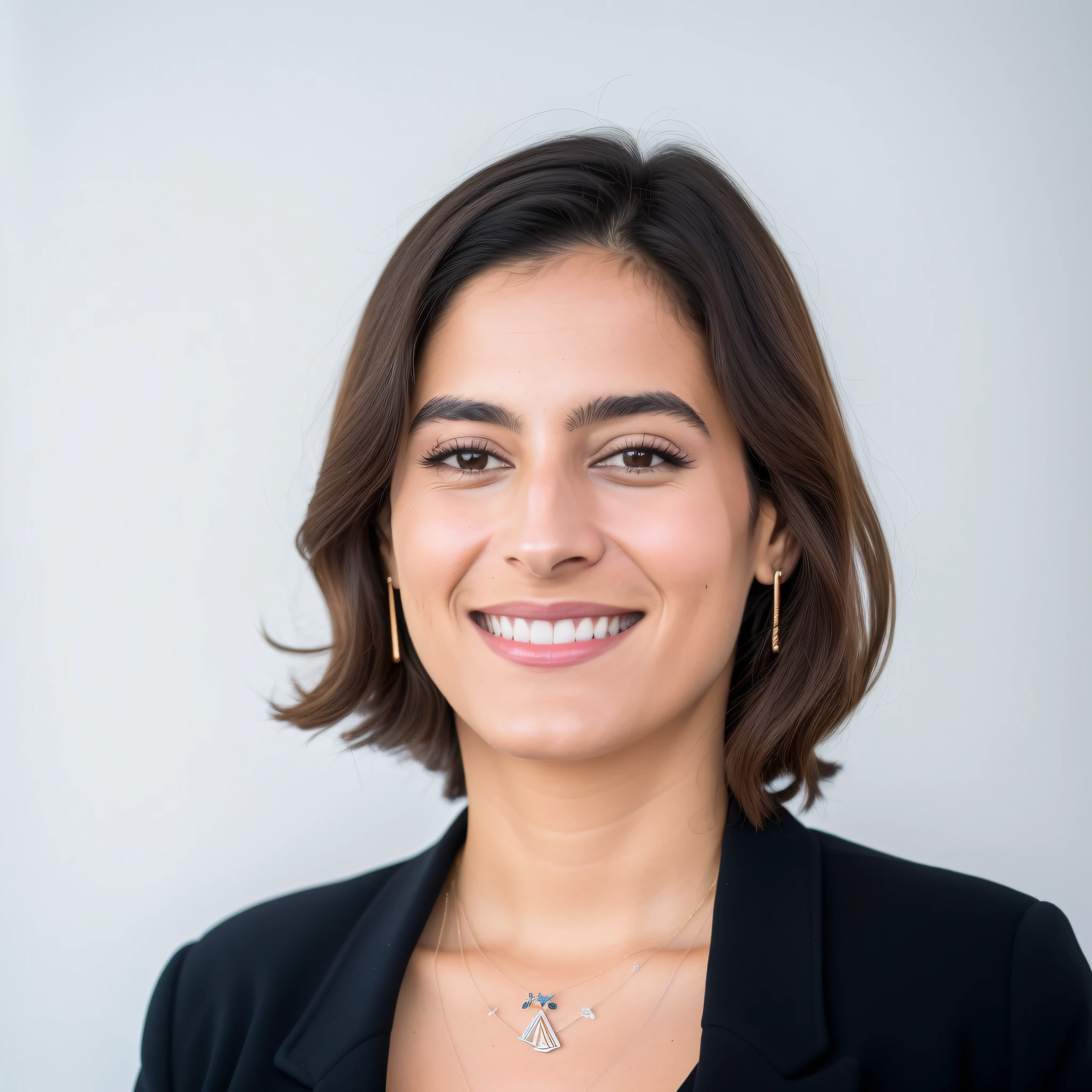 smiling woman in black jacket and necklace with white background, valentina remenar, ana de la reguera portrait, portrait image, julia fuentes, malika favre, olivia de bernardinis, caroline gariba, virginie ropars, fernanda suarez, laure lipton, christina kritkou, emily rajtkowski, portait image