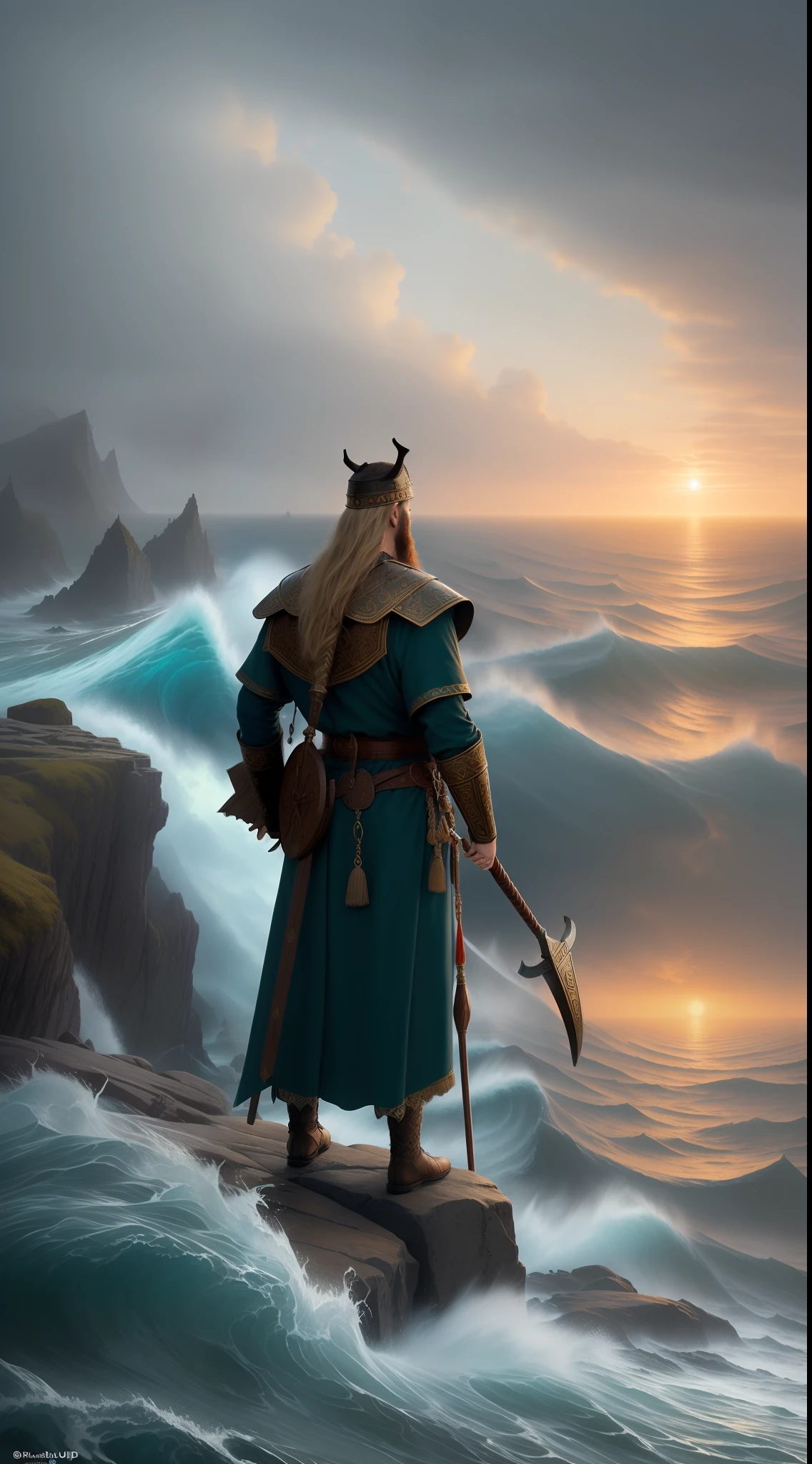 (masterpiece, UHD, illustration, detailed:1.3), Harald Bluetooth, in majestic Viking dress, (standing firmly:1.2), on a precipice, watching over a turbulent sea, (flotilla of Viking vessels:1.1), cutting through the waves, dramatic sky, cool palette, Greg Rutkowski style.