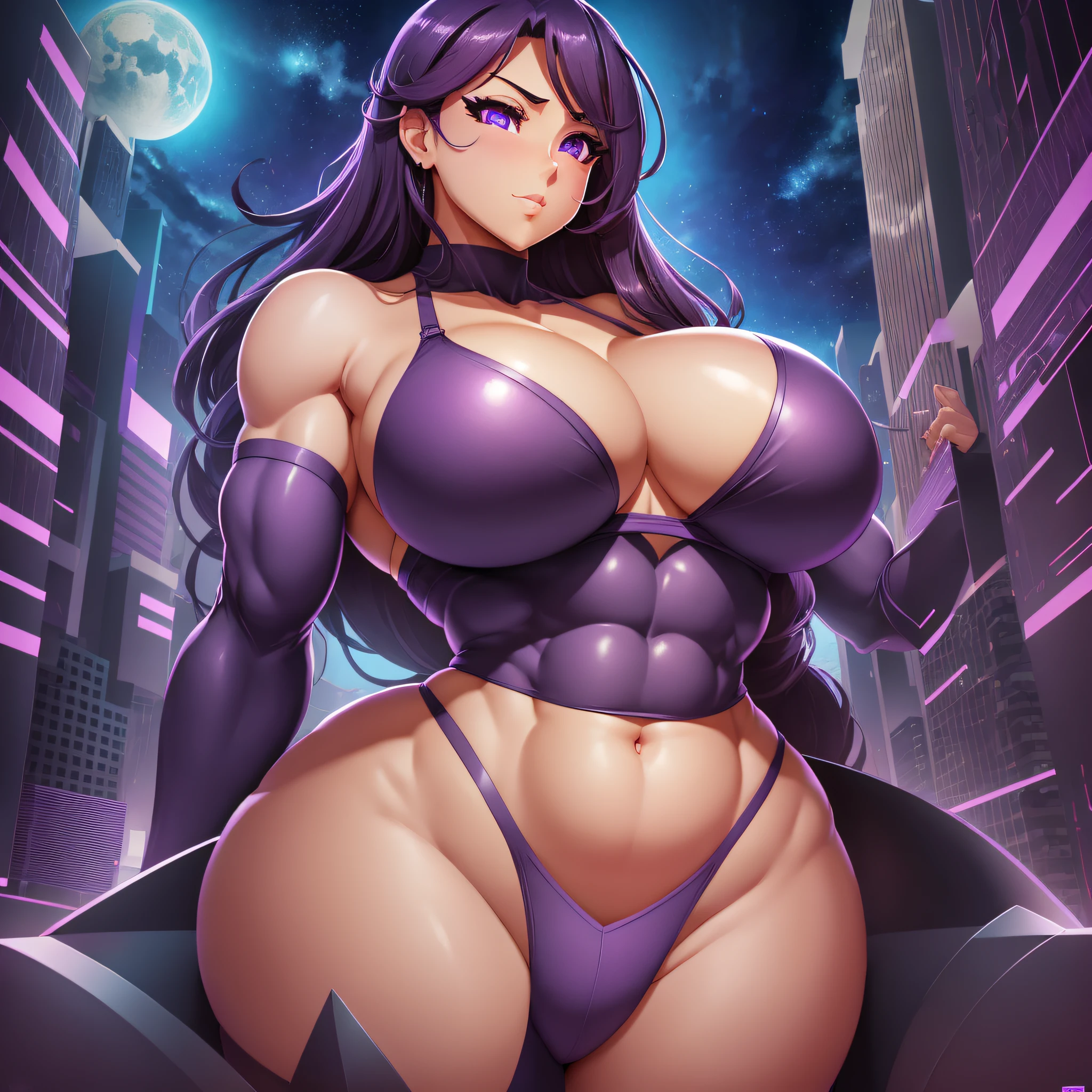 Two-dimensional style, purple eyes, big belly, abs, muscles, big breasts, huge breasts, big breasts, big breasts, giantess, huge navels, deep navels, huge navels, deep navels, small heads --auto --s2