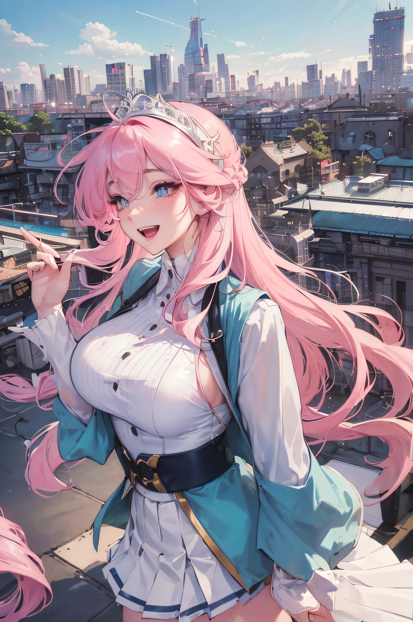 Official Art, Masterpiece, Sharp Focus, (Beautiful Gorgeous Cute Korean Woman: 1.3), (Beautiful Cute Korean: 1.3), Korean Beauty, Delicate Beautiful Hair and Eyes and Face, Realistic, Ultra Detailed, Beautiful Girl, Blue Sky, Glowing White Particles, (Sidelighting: 1.2), Sunlight, White Clouds, Delicate Clouds, Slender, Cute Big Breasts Big Buttocks, Toothy Laughing, ((Laughing with Eyes Open)), Landscape, Long Straight Hair, Sexy Facial Expressions, Architecture, ( Cityscape:1.7), Dynamic Hair, Long Straight Hair, Delicate Platinum-Pink Hair, Glowing Blue Eyes, (Pink Pleated Shirt + White Skirt), White Stockings, Pale Skin, Hair Accessories, Epic Landscape,