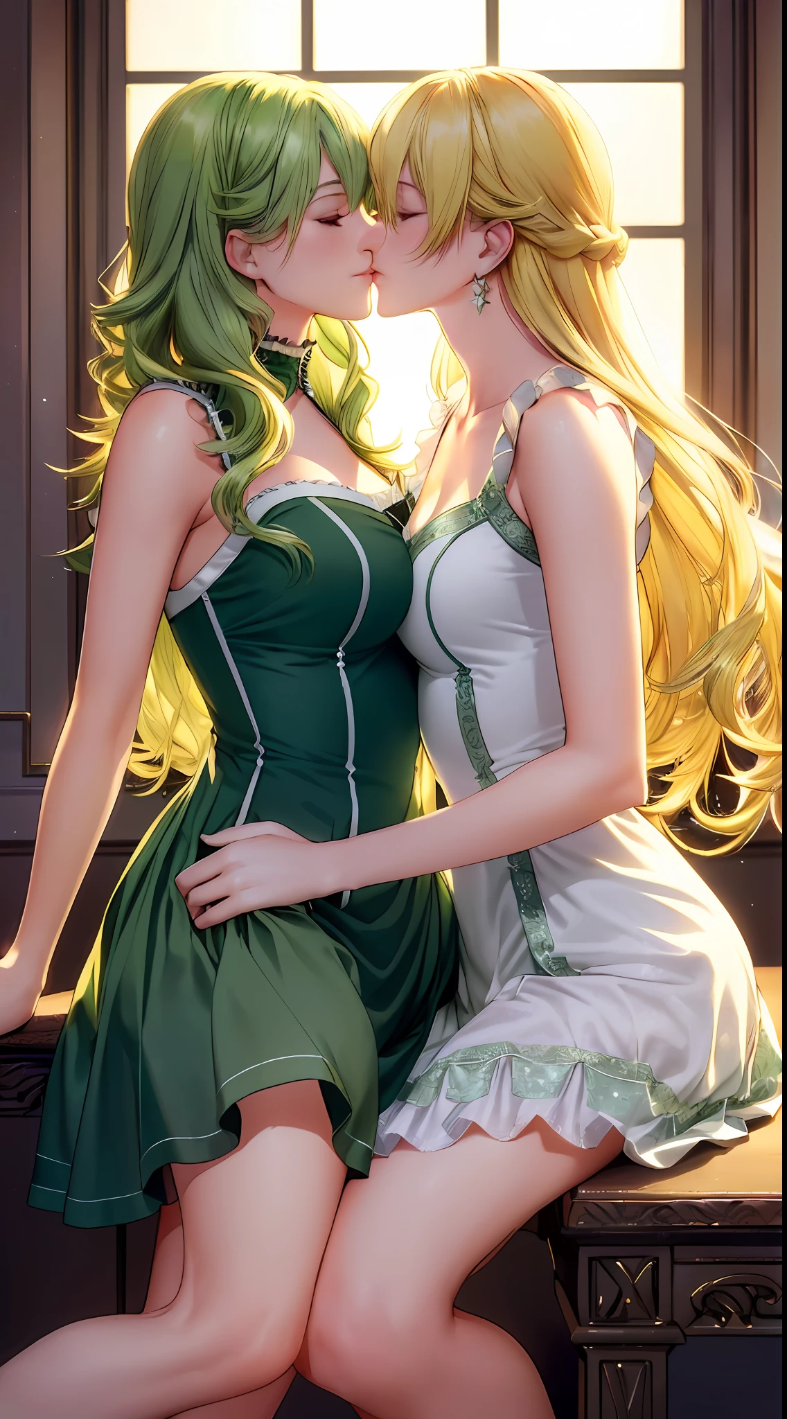 (a romantic and sexy scene, 2 women kissing, Alisa Reinford with long blonde hair and Musse Egret with short green hair), sleeveless dresses, high resolution. (sexy and sensual ambience:1.2, vibrant colors, soft lighting and flawless editing:1.3, natural hair and realistic details:1.2)