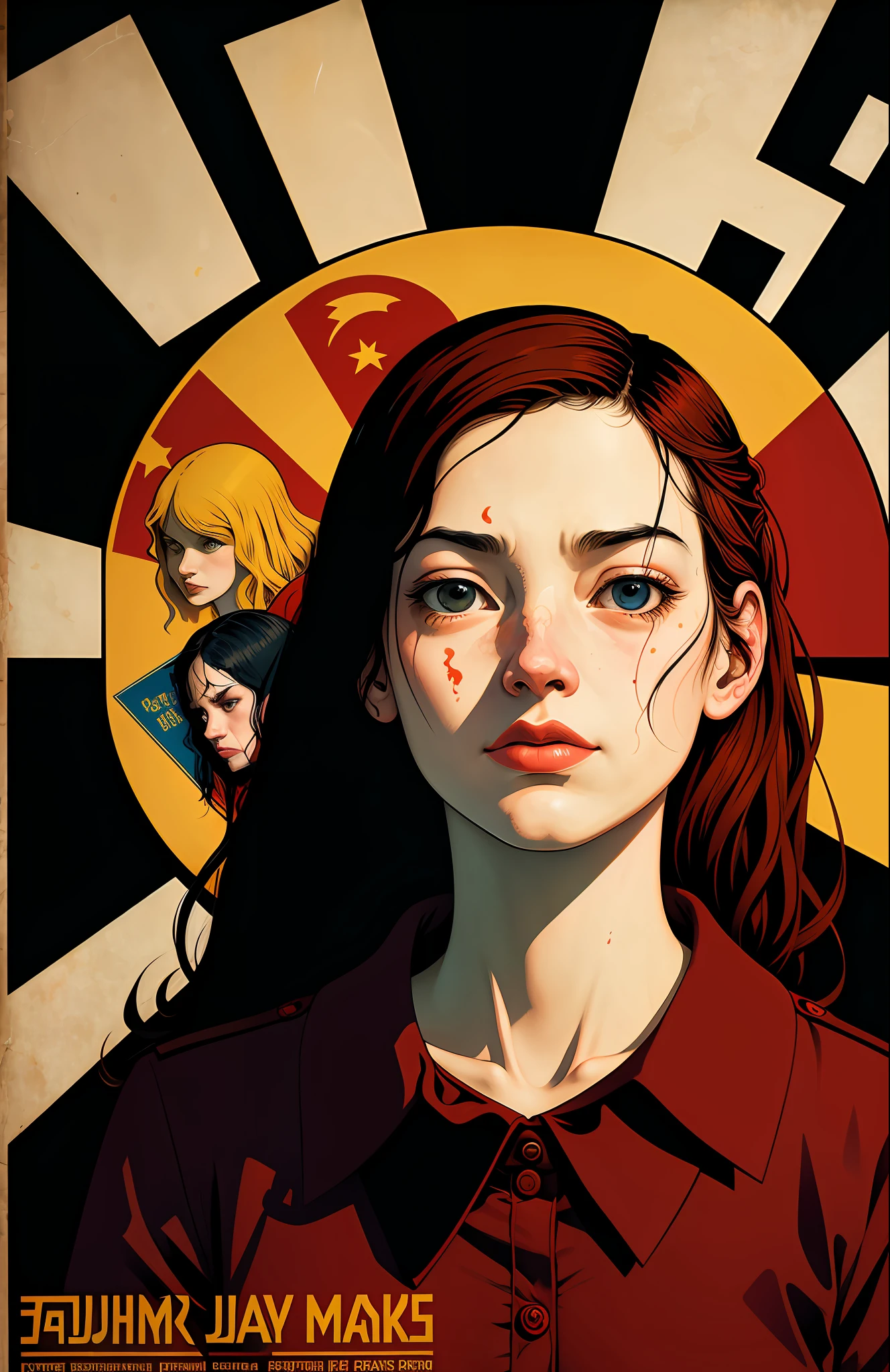Communist poster, flat color plan, several girls, focus on subject, Adrian Geney, Esao Andrews, Jenny Saville, Edward Hopper, surrealism, dark art by James Jean, Takato Yamamoto, in the style of inkpunk minimalism