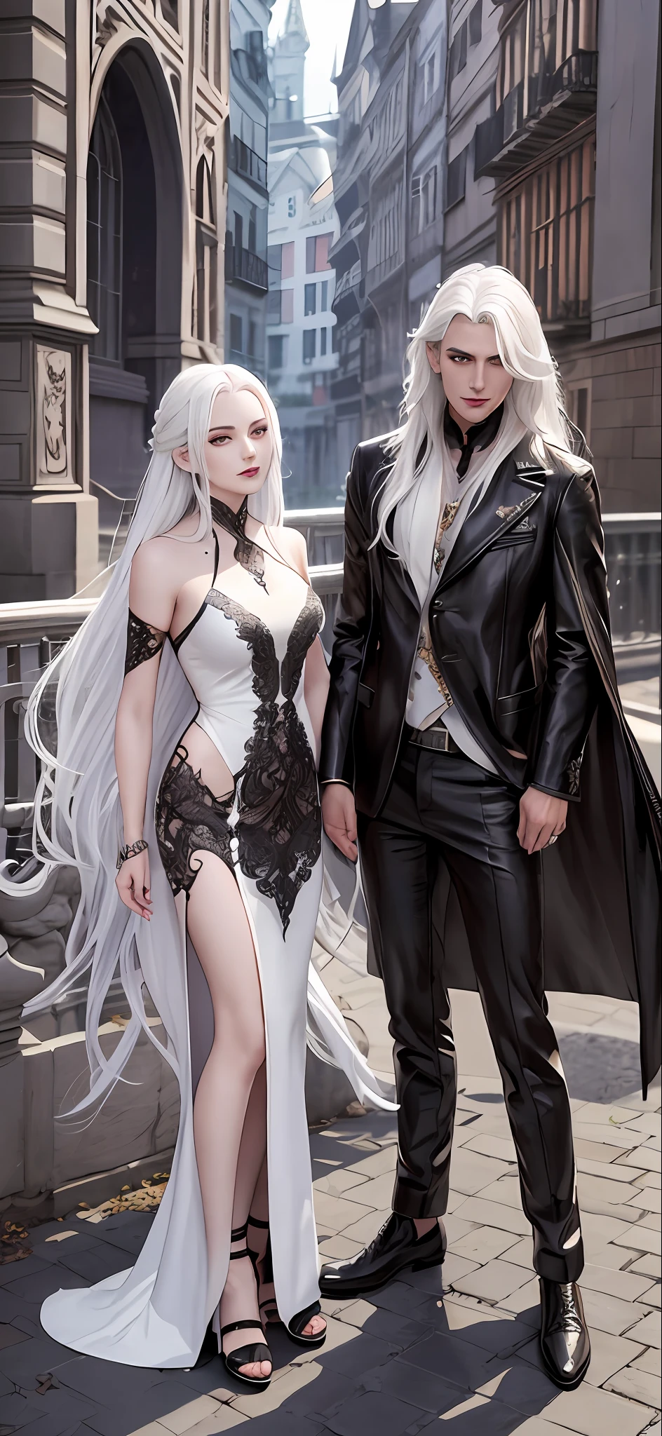 There is a dark skinned man with long wavy white hair wearing leather clothes and there is a woman with white hair and gown nime poster of a couple of people standing next to each other, by Yang J, asya yoranova and alan lee, highly detailed exquisite fanart, carmilla vampire, zerochan art, detailed fanart, a beautiful artwork illustration, androgynous vampire, artwork in the style of guweiz, l vampire, abaddon and magali villeneuve, vampire fashion
