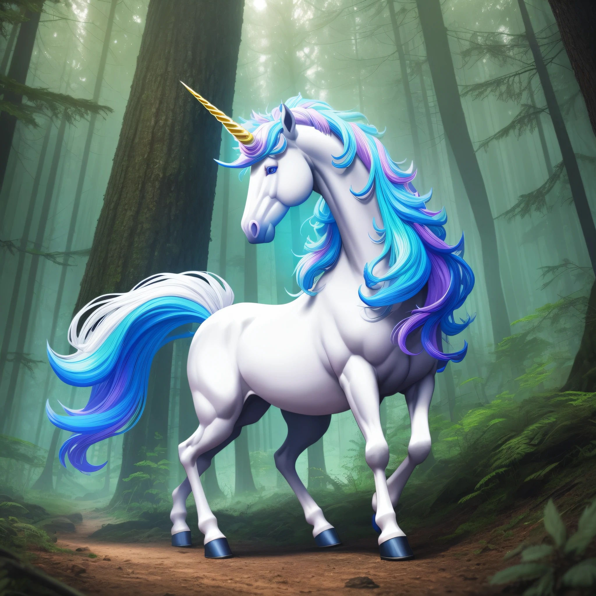 vibrant cartoon white unicorn standing in a forest, blue eyes, colorful hair, high contrast, very coherent, cinematic, hyper realism, high detail, octane render, unreal engine, 8k, vibrant colors, Smooth gradients, High contrast, depth of field, full body character drawing, clean ink detailed line work, intricate detail, extremely detailed --auto --s2