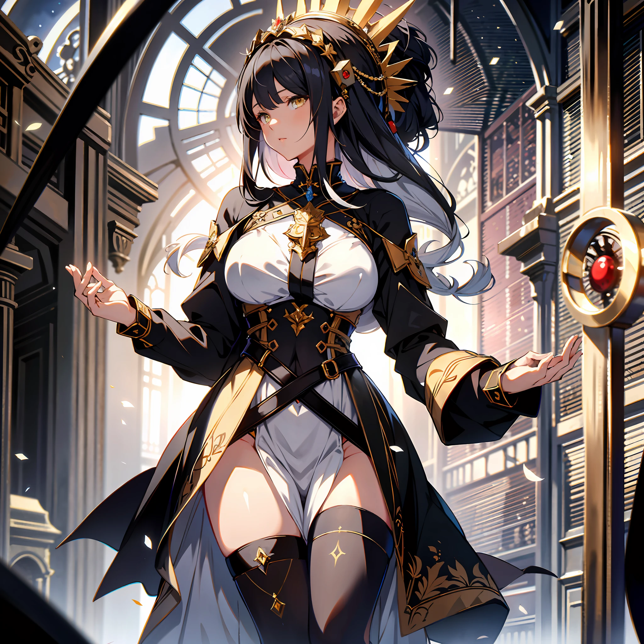 absurd res, high res, (masterpiece:1.4), ultra-detailed, 1girl, from front, space, black stockings, medium hair, yellow eyes, hands out of frame, Hourglass figure, hourglass body, highest quality, absurd quality, 8k, perfect body, perfect contrast, beautiful face, yellow eyes, unrevealing skin, 1girl, kneeling, facing viewer, holy maiden, sister, holy girl, praying, from front, sfw, unrevealing clothes, covered skin, black hair, sister, church,