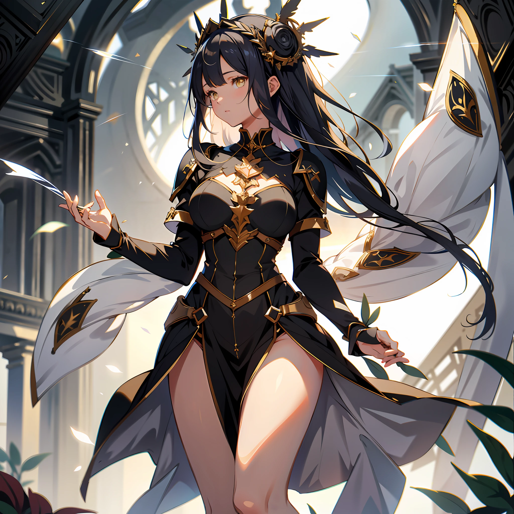 absurd res, high res, (masterpiece:1.4), ultra-detailed, 1girl, from front, space, black stockings, medium hair, yellow eyes, hands out of frame, Hourglass figure, hourglass body, highest quality, absurd quality, 8k, perfect body, perfect contrast, beautiful face, yellow eyes, unrevealing skin, 1girl, kneeling, facing viewer, holy maiden, sister, holy girl, praying, from front, sfw, unrevealing clothes, covered skin, black hair, sister, church,