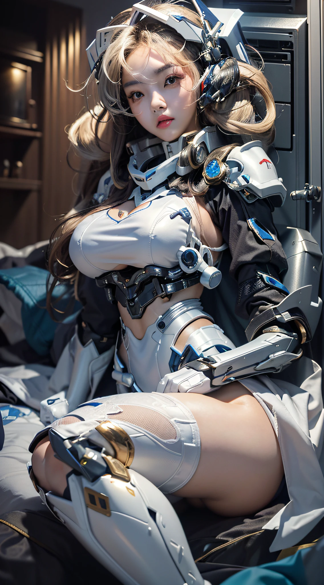 (Best Quality, 8k, 32k, Masterpiece, UHD:1.3), (Photo of Attractive Japanese Woman), 1 Girl, ((Big Boobs:1.4)), (long wavy hair), Abs, Perfect Body, Ultra Detailed Face, Detailed Lips, Fine Eyes, double eyelids, pajamas, on the bed, (seductive), ((aroused:1.5)), ((areolae slip)), ((in heat)), ((milf)) sexy girl, busty, beautiful asian girl, gorgeous chinese model, jaw-dropping beauty, girl in mecha cyber armor, ferra white mecha, female mecha, mechanized valkyrie girl, beutiful white girl cyborg, armor girl, clothed in sci-fi military armor, scifi woman, in white futuristic armor, gorgeous female paladin, mechanized soldier girl