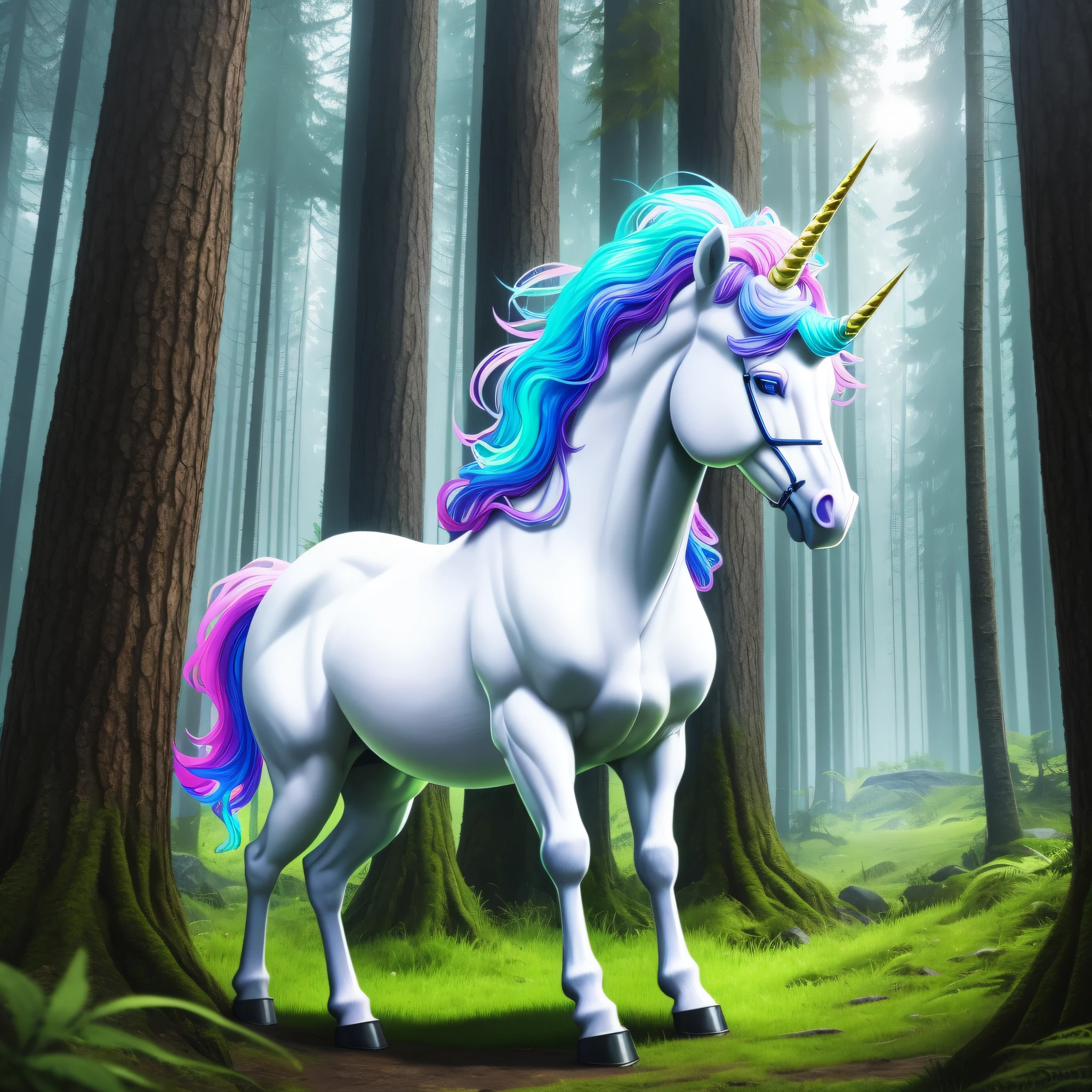 vibrant cartoon white unicorn standing in a forest, blue eyes, colorful hair, high contrast, very coherent, cinematic, hyper realism, high detail, octane render, unreal engine, 8k, vibrant colors, Smooth gradients, High contrast, depth of field, full body character drawing, clean ink detailed line work, intricate detail, extremely detailed --auto --s2