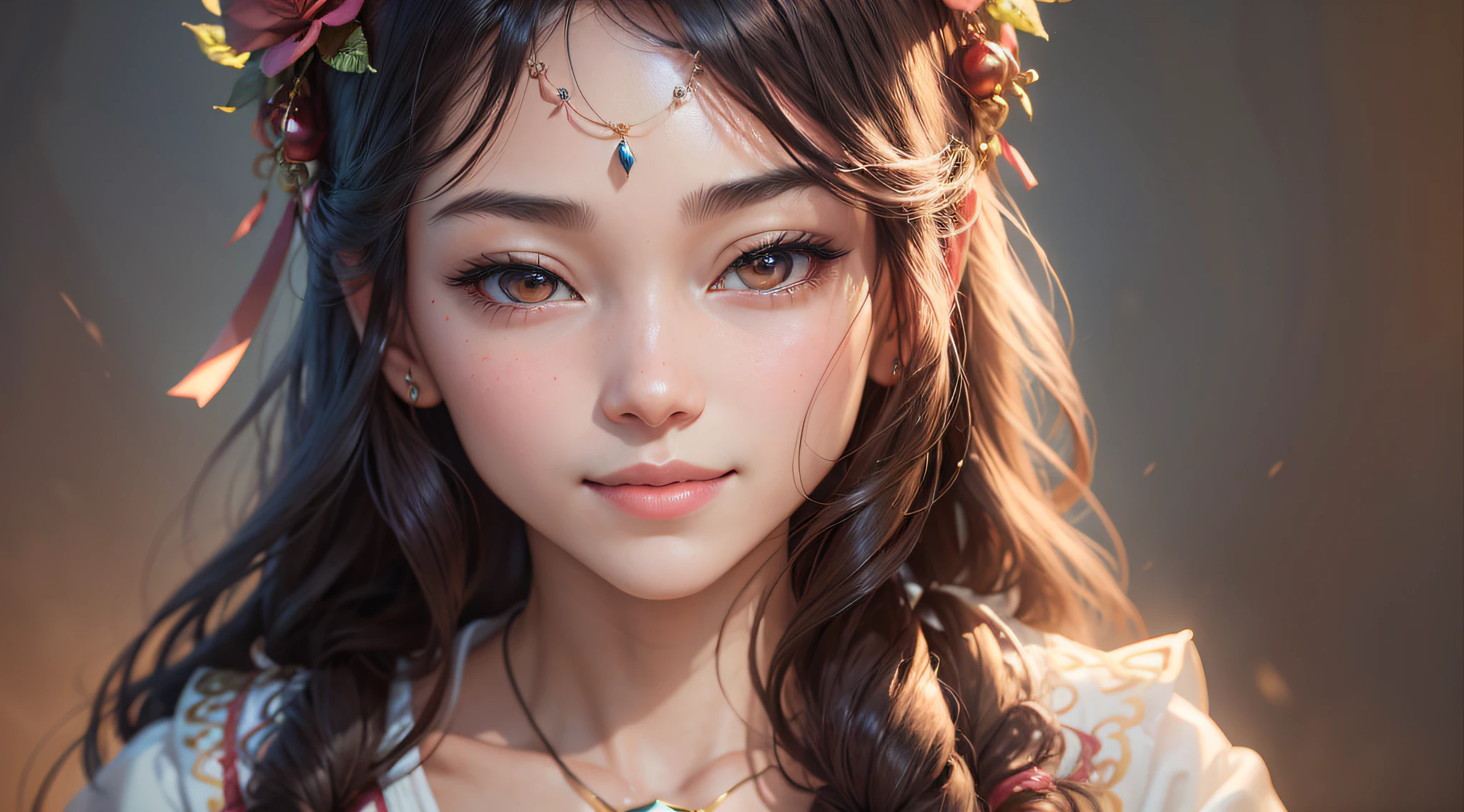 best quality, masterpiece, high resolution, 1girl,blush,(seductive smile: 0.8),star-shaped pupils,china hanfu,hair ornament,necklace,jewelry,beautiful face,upon_body, tyndall effect,photorealistic, dark studio, rim lighting, two tone lighting, (highly detailed skin: 1.2), 8k uhd, dslr, soft lighting, high quality, volumetric lighting, sincere, Photography, high resolution, 4k, 8k, Bok --auto --s2