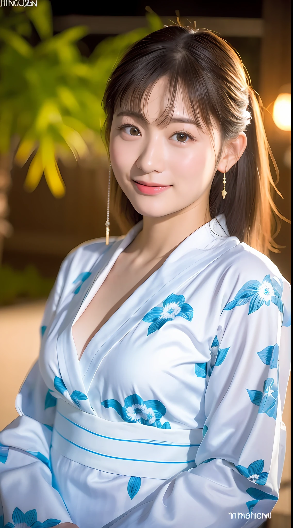 (yinchuan:1.5), close-up, masterpiece, best quality, raw photo, photorealistic, big breasts, beautiful and perfect face, soft smile, 20 year old girl, white yukata, floral yukata, beautiful feet. night, middle hair, depth of field, high resolution, detailed face, fine details, intricate details, beautiful eyes,