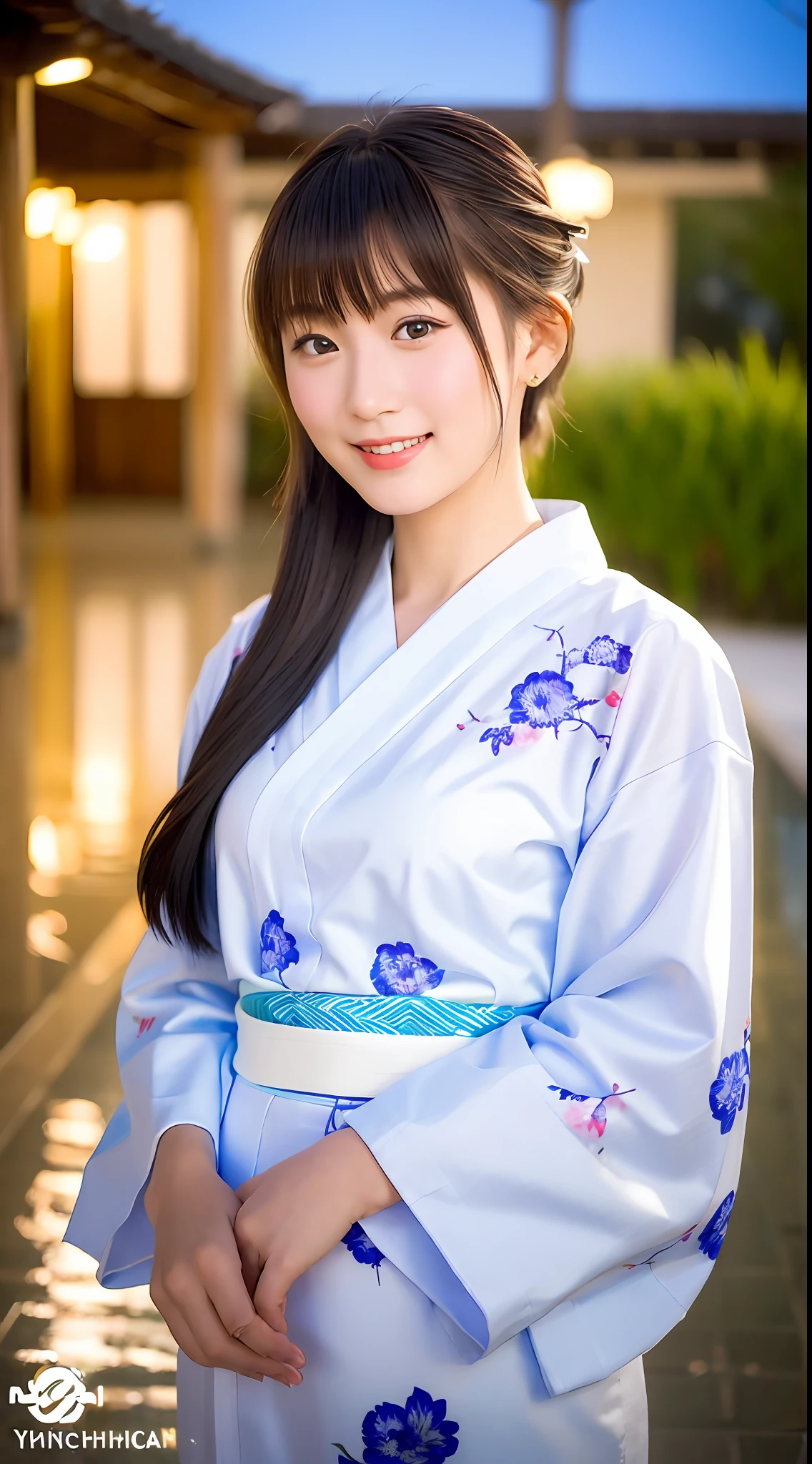(yinchuan:1.5), close-up, masterpiece, best quality, raw photo, photorealistic, big breasts, beautiful and perfect face, soft smile, 20 year old girl, white yukata, floral yukata, beautiful feet. night, middle hair, depth of field, high resolution, detailed face, fine details, intricate details, beautiful eyes,