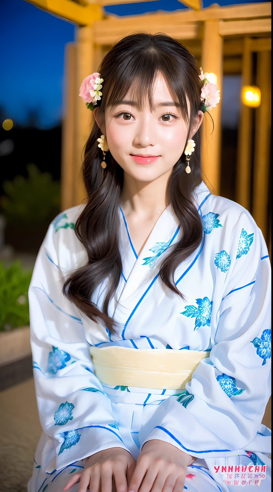 (yinchuan:1.5), close-up, masterpiece, best quality, raw photo, photorealistic, big breasts, beautiful and perfect face, soft smile, 20 year old girl, white yukata, floral yukata, beautiful feet. night, middle hair, depth of field, high resolution, detailed face, fine details, intricate details, beautiful eyes,