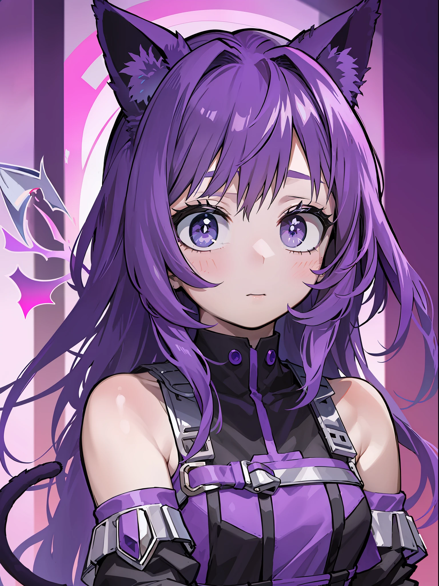 A , Shoulders Long Hair, Purple Hair, Small Purple Cat Ears, A Purple Cat Tail, Assassin Clothing, Amine Style