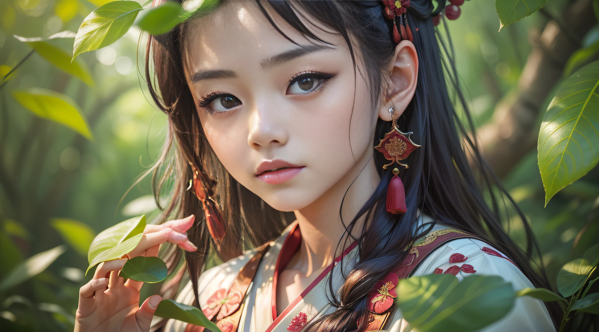 1girl, solo, Beautiful princess in the jungle, Facial Focus, ​Chinese style architecture, perfect face, perfect eyes,perfect hands, (8k, best quality, masterpiece:1.2), (realistic, photo-realistic:1.2), looking at viewer, red hanfu, Embroidered Hanfu, blurry background, softfocus, ningrongrong-shen.