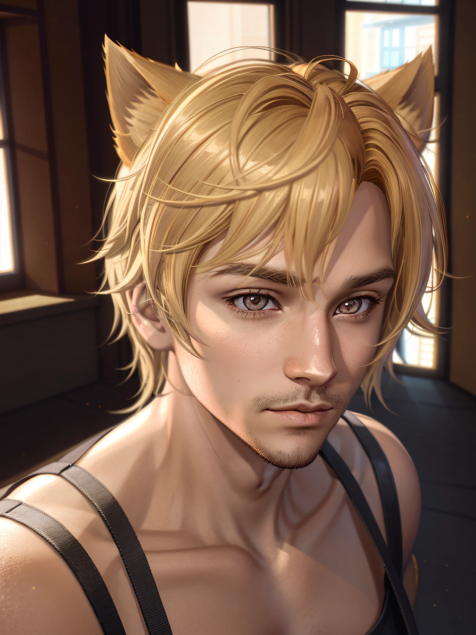 Phoenix Montoya, blonde hair, brown eyes, cat ears, animal ears, male focus, first-person view, indoors, backlighting, glowing light, bloom,