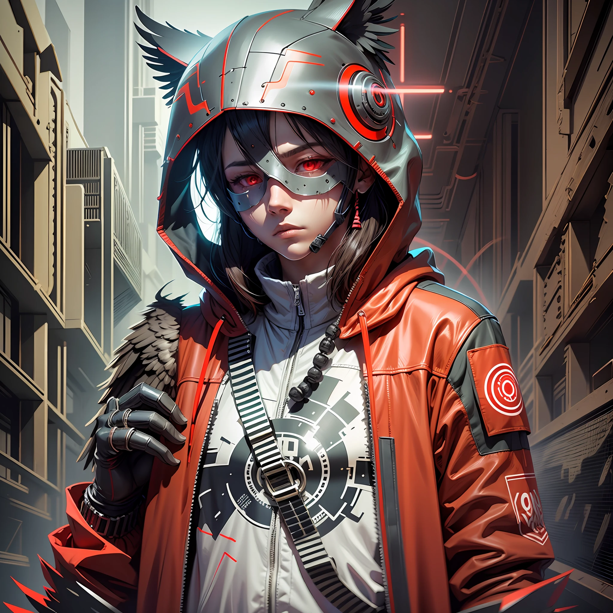 CHARACTER eagle, hooded, cyberpuk, red neon mask --auto --s2