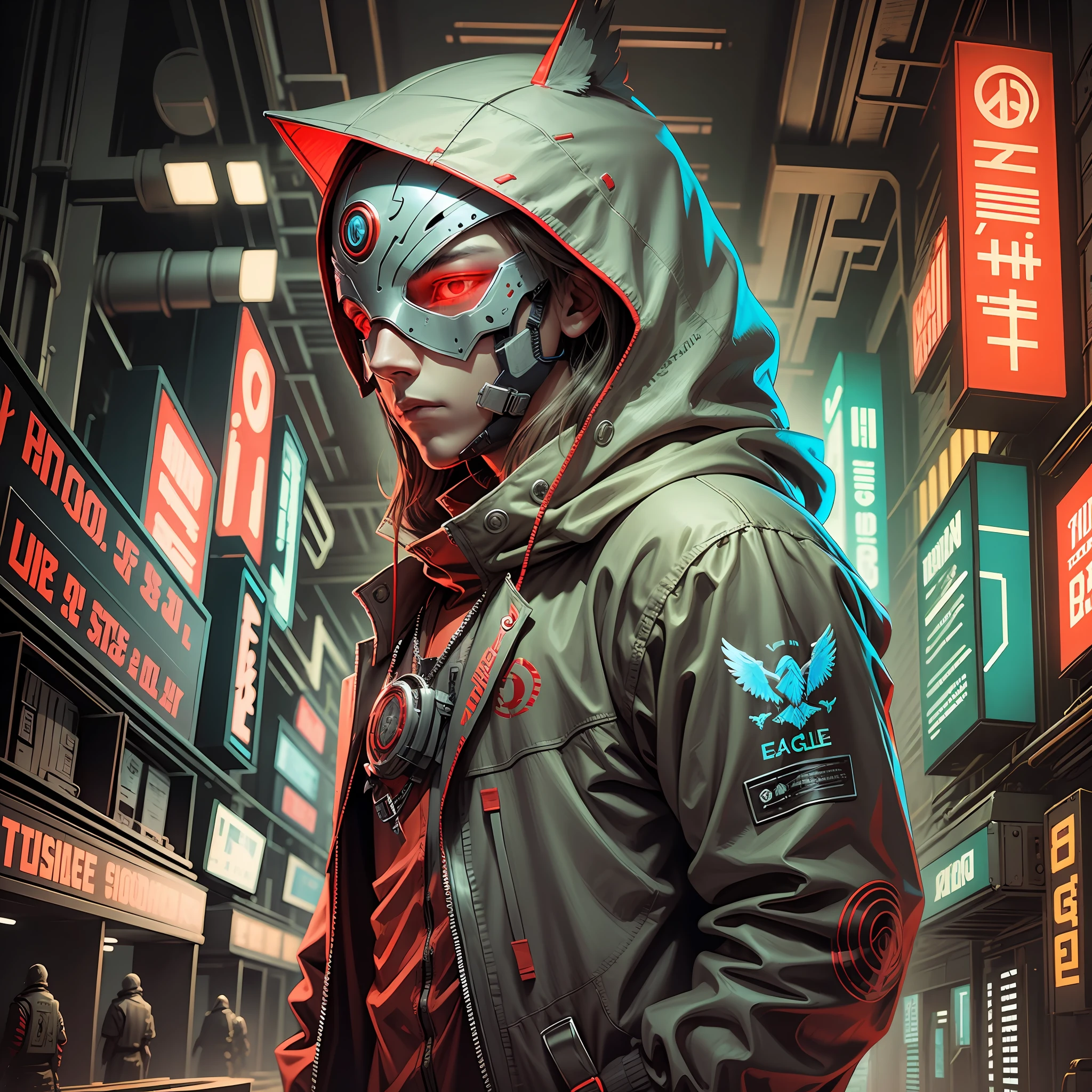 CHARACTER eagle, hooded, cyberpuk, red neon mask --auto --s2