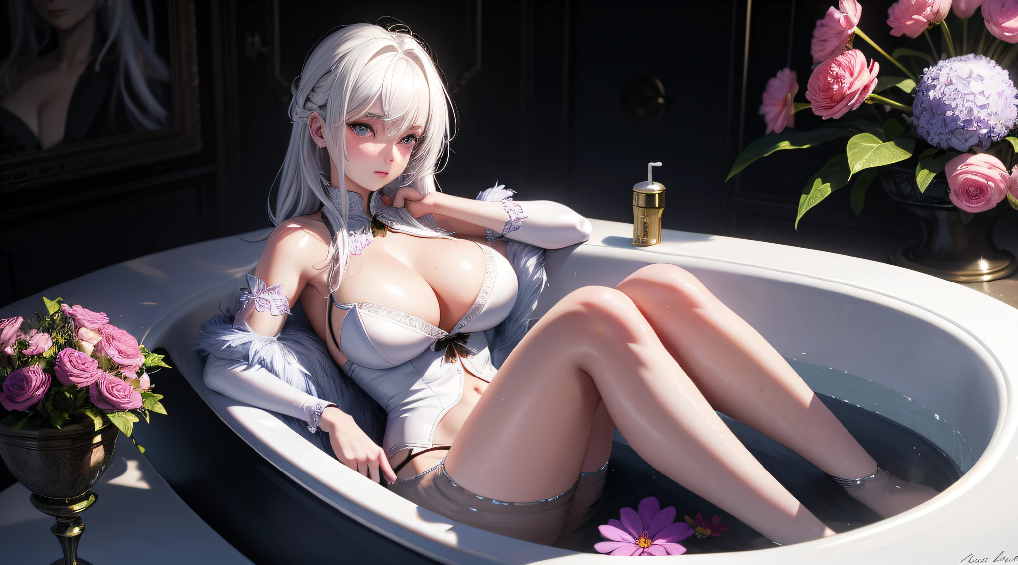 Realistic, 1girl, white hair, purple eyes, blush, flowers, huge breasts, exposed, lying in bathtub, slender beautiful legs