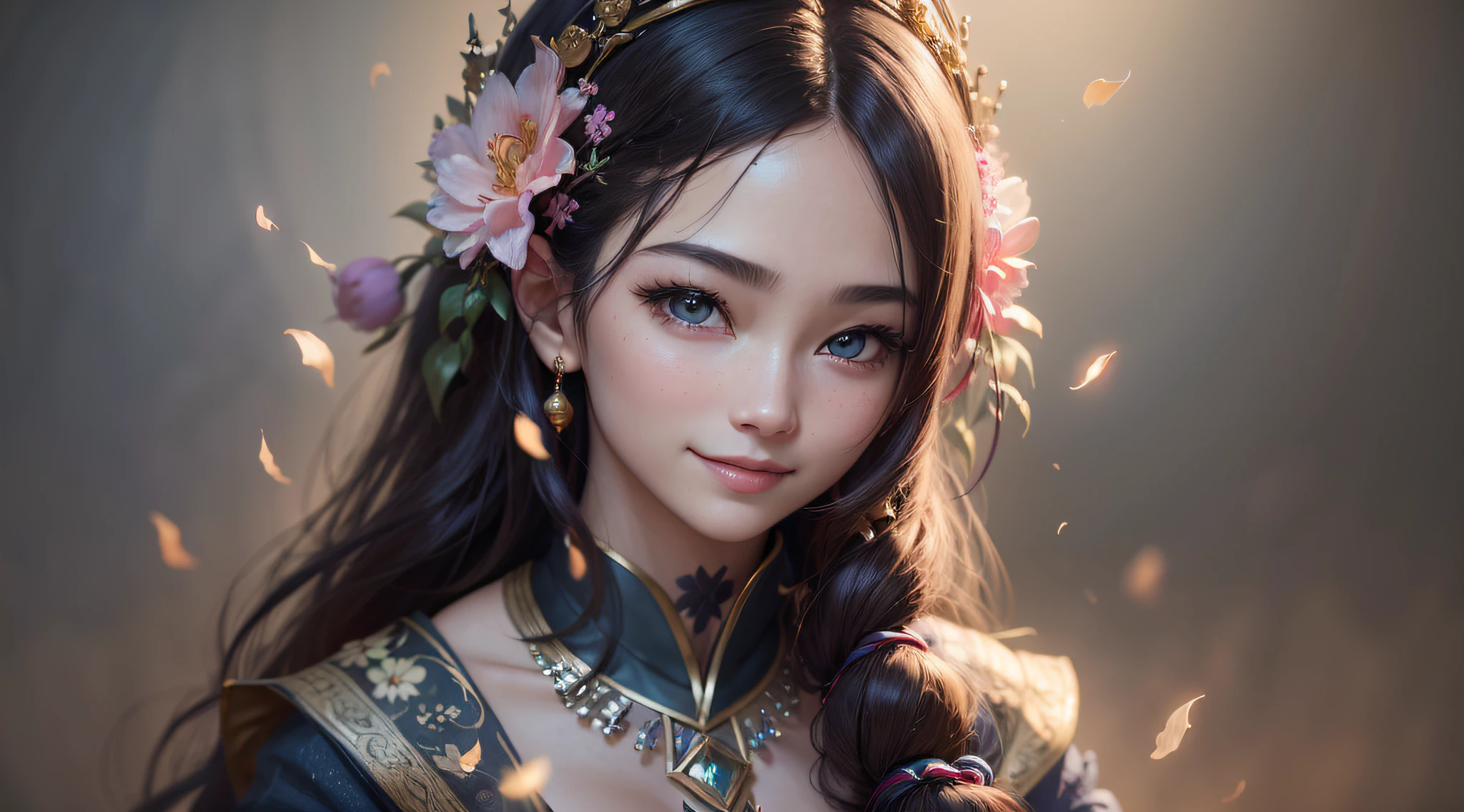 best quality, masterpiece, high resolution, 1girl,blush,(seductive smile: 0.8),star-shaped pupils,china hanfu,hair ornament,necklace,jewelry,beautiful face,upon_body, tyndall effect,photorealistic, dark studio, rim lighting, two tone lighting, (highly detailed skin: 1.2), 8k uhd, dslr, soft lighting, high quality, volumetric lighting, sincere, Photography, high resolution, 4k,  8k, Bok --auto --s2