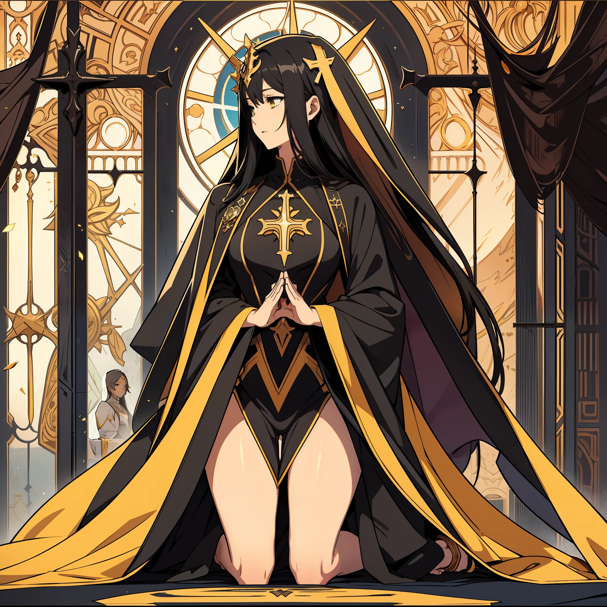 Hourglass figure, hourglass body, highest quality, absurd quality, 8k, perfect body, perfect contrast, beautiful face, yellow eyes, unrevealing skin, 1girl, kneeling, facing viewer, holy maiden, sister, holy girl, praying, from front, sfw, unrevealing clothes, covered skin, black hair, sister, church