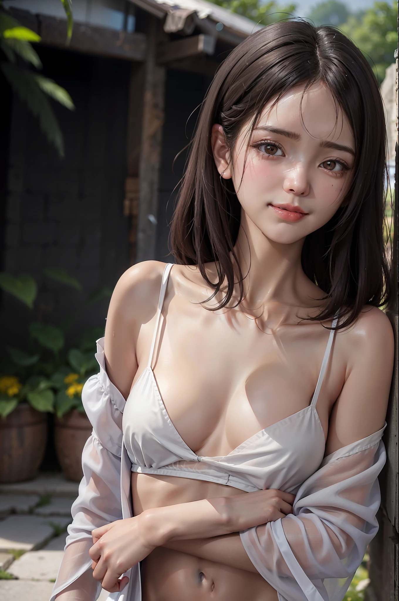 (Best Quality: 1.1), (Masterpiece: 1.2), Portrait,
1 Girl, yuzuriha_, Black hair, Brown eyes, White off-shoulder, Cleavage, Small tits, Medium hair, Detached breasts, Grinning, Outdoors, (blush:1.1), Flowers,
Pure_Innocent_girl, pureerosface_v1, ((torso))), subjective, (((depth of field)))), pale and shiny skin, sweaty, skin wet, embarrassed, embarrassed, cheeks blush