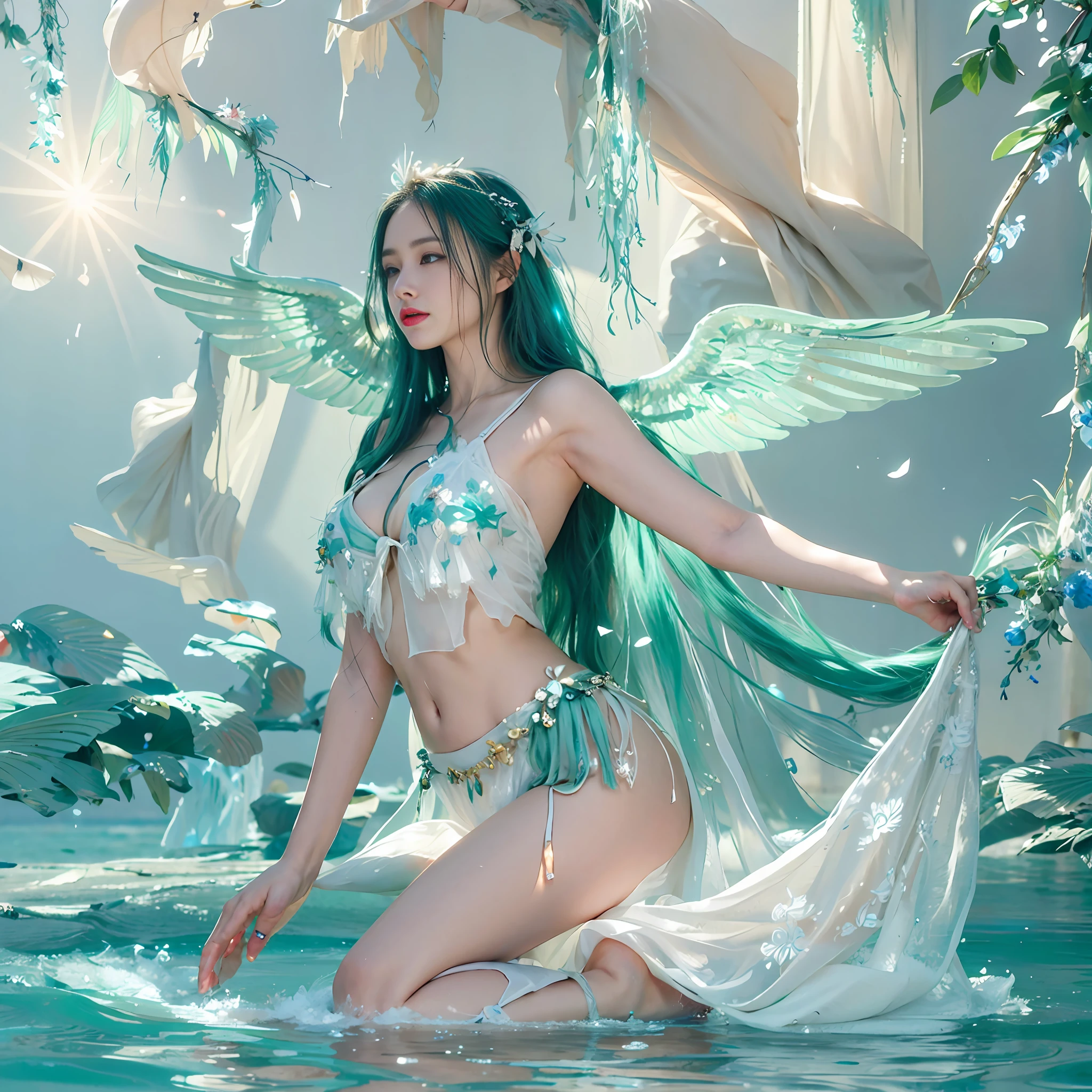 realistic hair, (details are super exquisite realistic wings:1.4),(Digital art:1.4), Fantasy creatures, non-human, fantasy realistic style, film shooting, (Octane rendering:1.4), professional photography, realism, realistic animal image, octane rendering, rich details, Natural light lighting, clear and exquisite face details, very euraic atmosphere,Atmosphere, elegant, Epic-level picture,
Mana’lon is a water spirit in Welsh mythology. She is beautiful, of medium height, and has a graceful body with skin like white jade, slightly tinted with a light green color. She has long golden hair that is soft and silky, flowing with the wind. Her eyes are a shining emerald green, exuding a strong water-like glow. Her lips are pink, slightly upturned, revealing her confidence and joy.
Mana’lon is adorned with green seaweed and coral all over her body, creating a harmonious and beautiful image. Her water silk clothing is a light green color, soft and flowing, like a fresh spring water flowing around her.
Her fingers are slender and delicate, with transparent light blue nails. She wears a stunning crystal bracelet on her wrist, shining brightly and dazzlingly.
Mana’lon controls the power of water. The decorations and water silk on her body carry the aura of water, making her seem like a water embodiment. She has the ability to control the flow of water and its movement, creating a harmonious relationship with water.
In summary, Mana’lon is a mysterious and beautiful existence, and her appearance and aura are like that of water, making people feel harmonious and joyful. Her image holds an important position in Welsh culture, representing art and wisdom, as well as symbolizing good luck and happiness.
