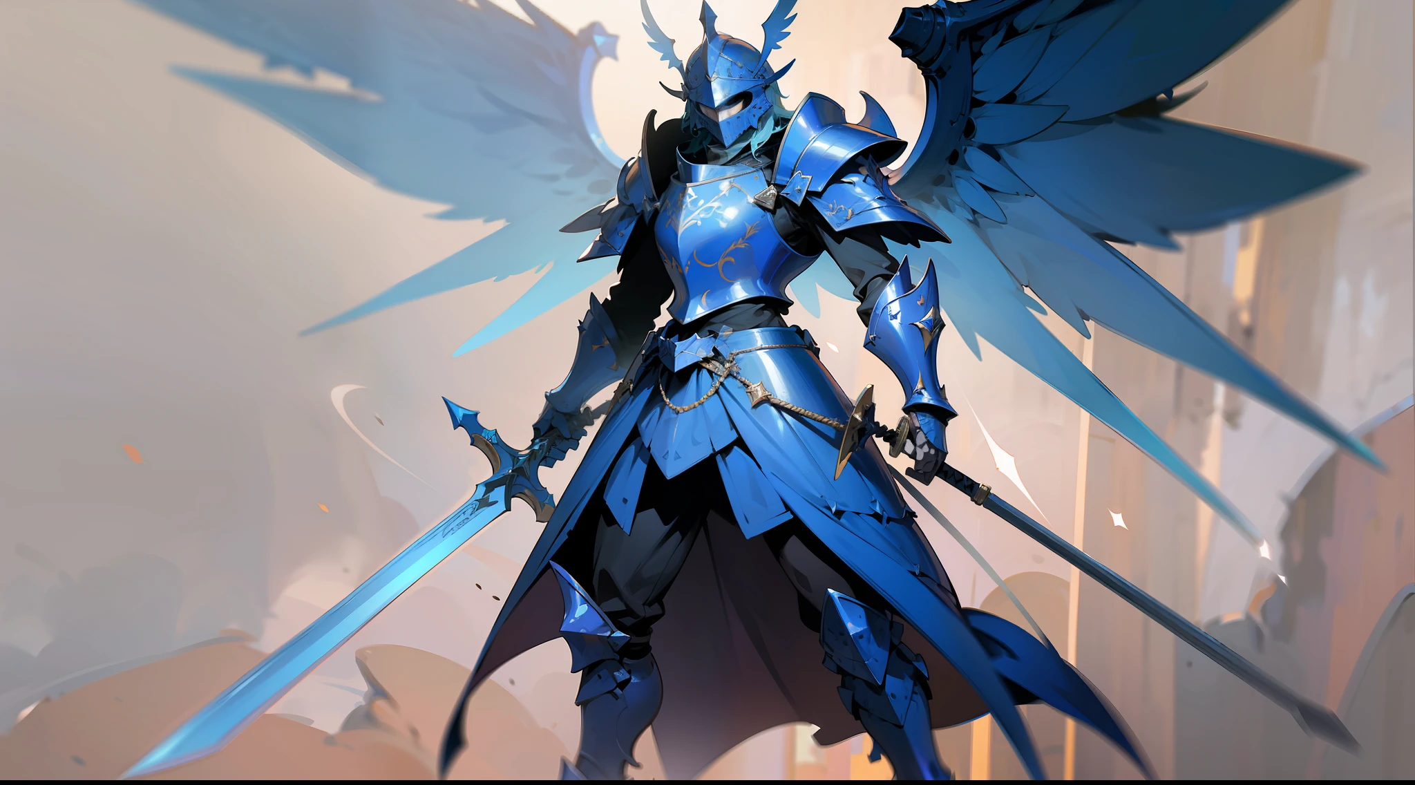 Crazy Rage Medieval Light Knight, detailed armor, detailed helmet, detailed sword, mysterious blue gems in armor, metal wings, character design, full body portrait